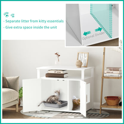 PawHut Wooden Cat Litter Box Enclosure Furniture with Adjustable Interior Wall & Large Tabletop for Nightstand, White PawHut