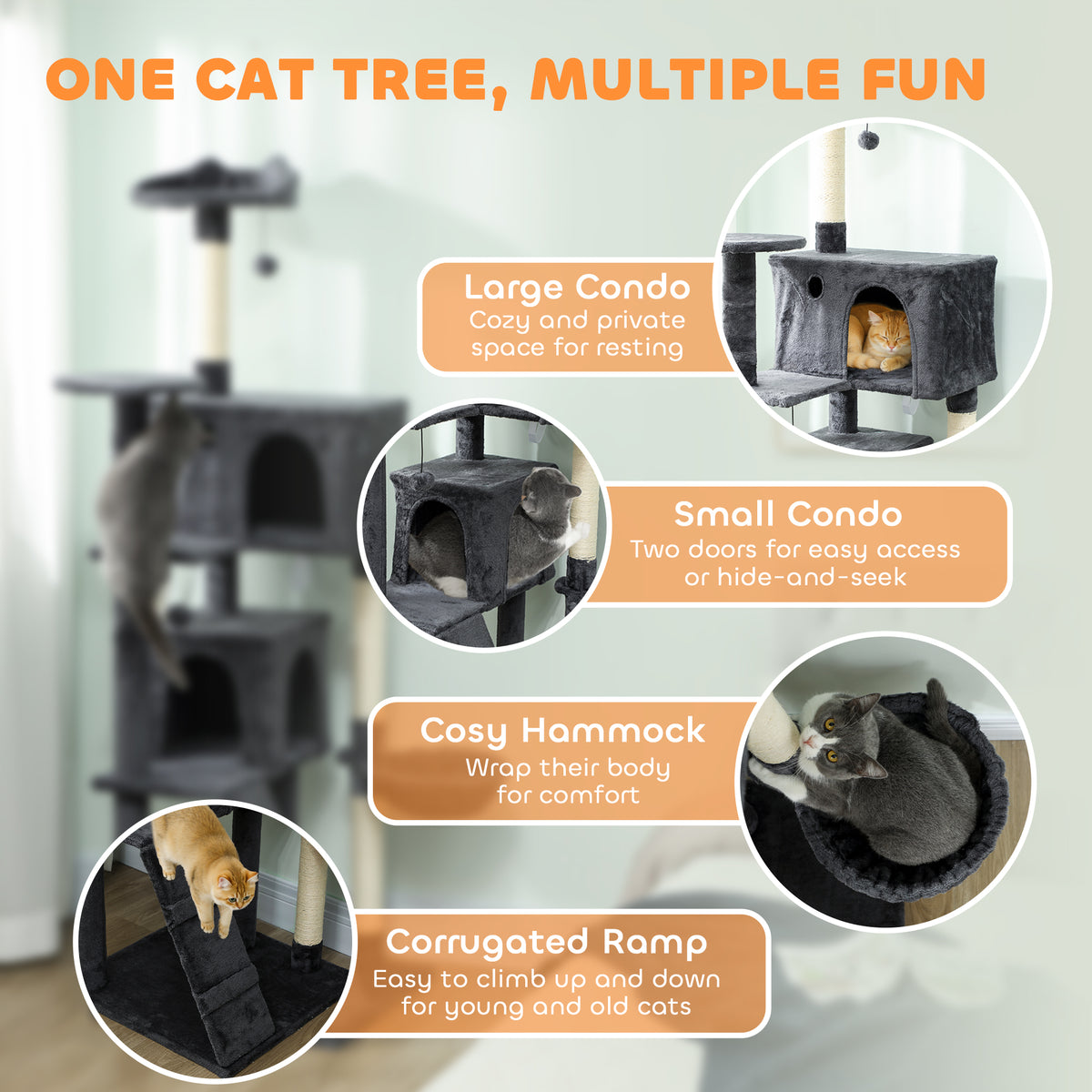 PawHut 180cm Large Cat Tree Tower with Sisal Scratching Posts, Condos, Plush Perches, Hammock, Ladder, Dark Grey PawHut