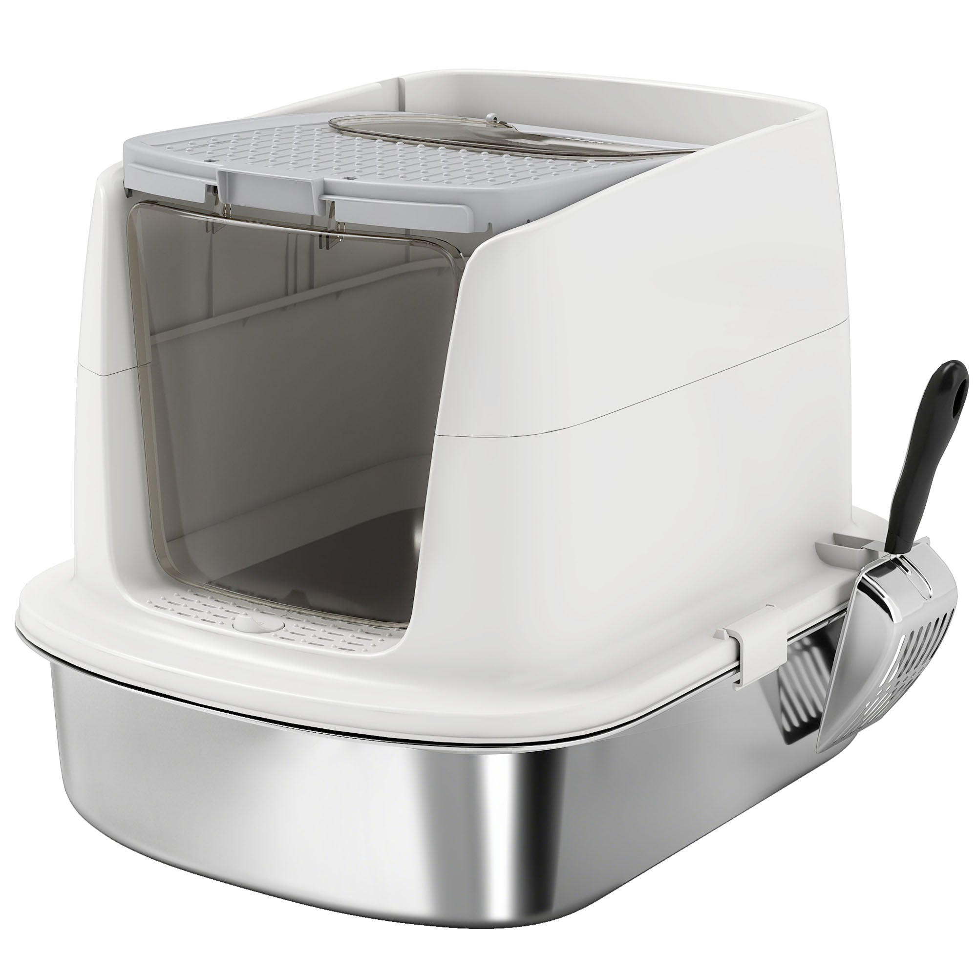 Large Stainless Steel Litter Box, Enclosed Metal Cat Litter Tray with Scoop & Deodoriser Bag, Front-Entry & Top-Exit