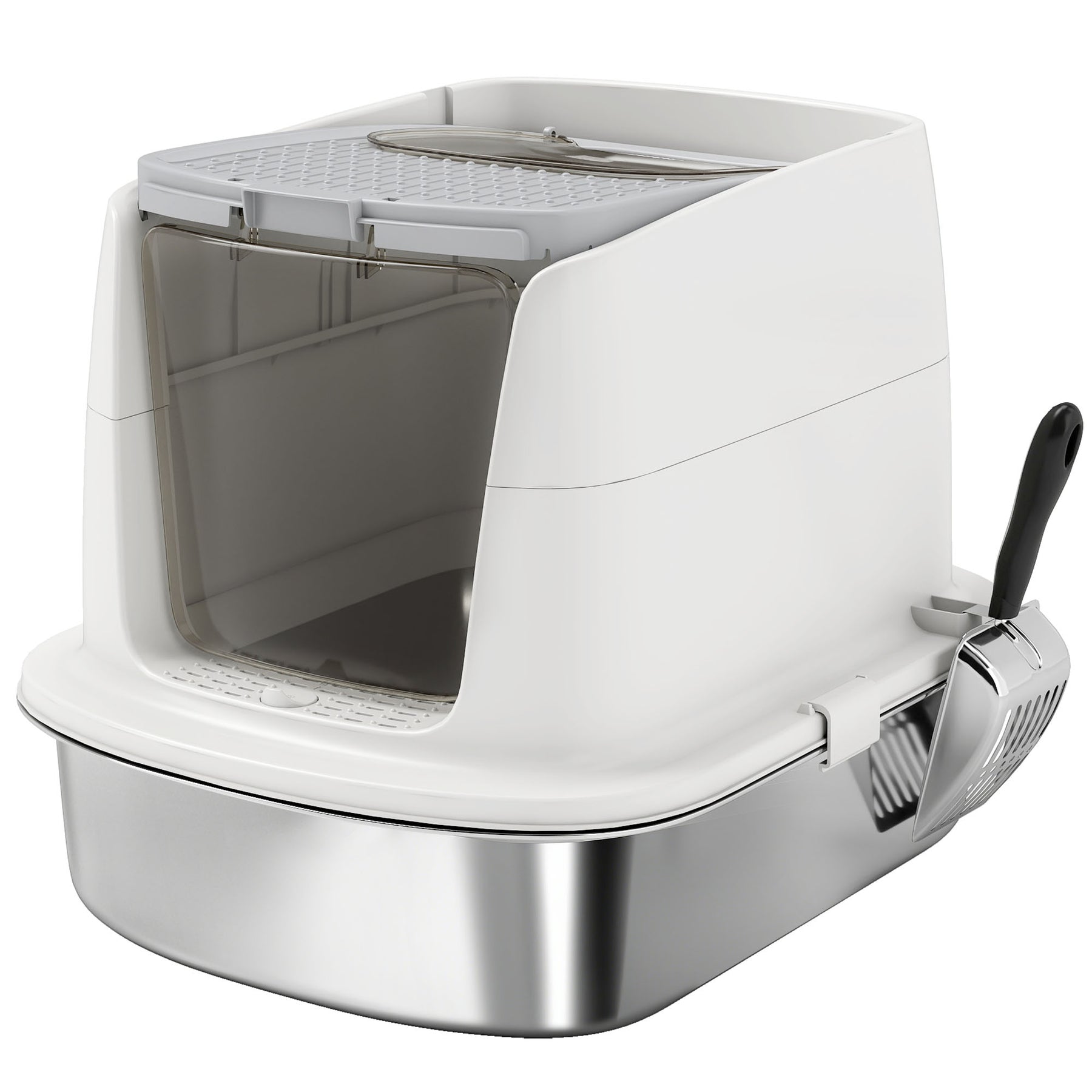 Large Stainless Steel Litter Box, Enclosed Metal Cat Litter Tray with Scoop & Deodoriser Bag, Front-Entry & Top-Exit