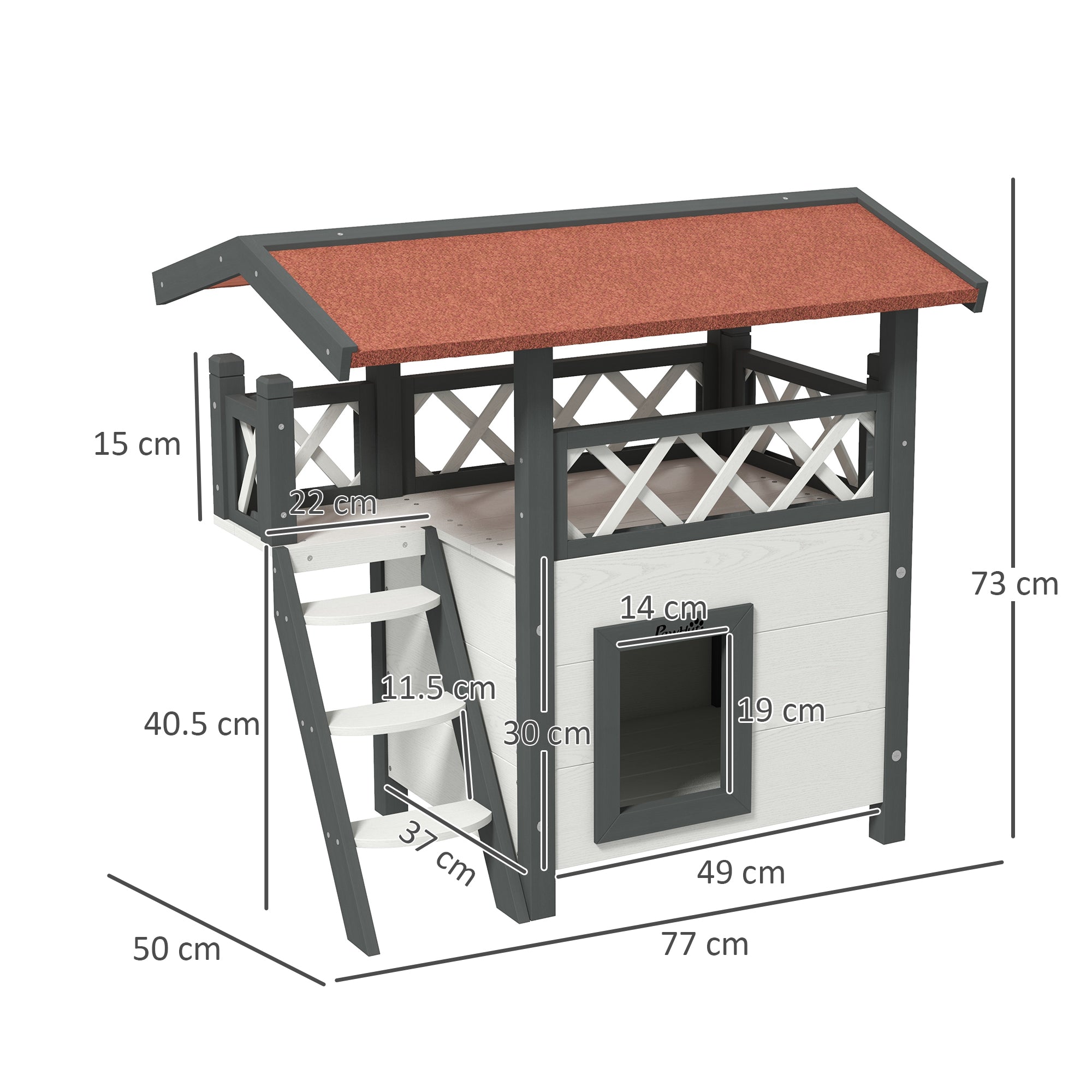 Cat House Outdoor w/ Balcony Stairs Roof, White