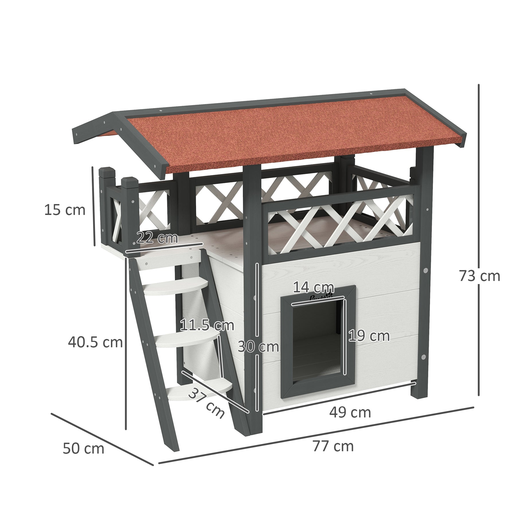 Cat House Outdoor w/ Balcony Stairs Roof, White