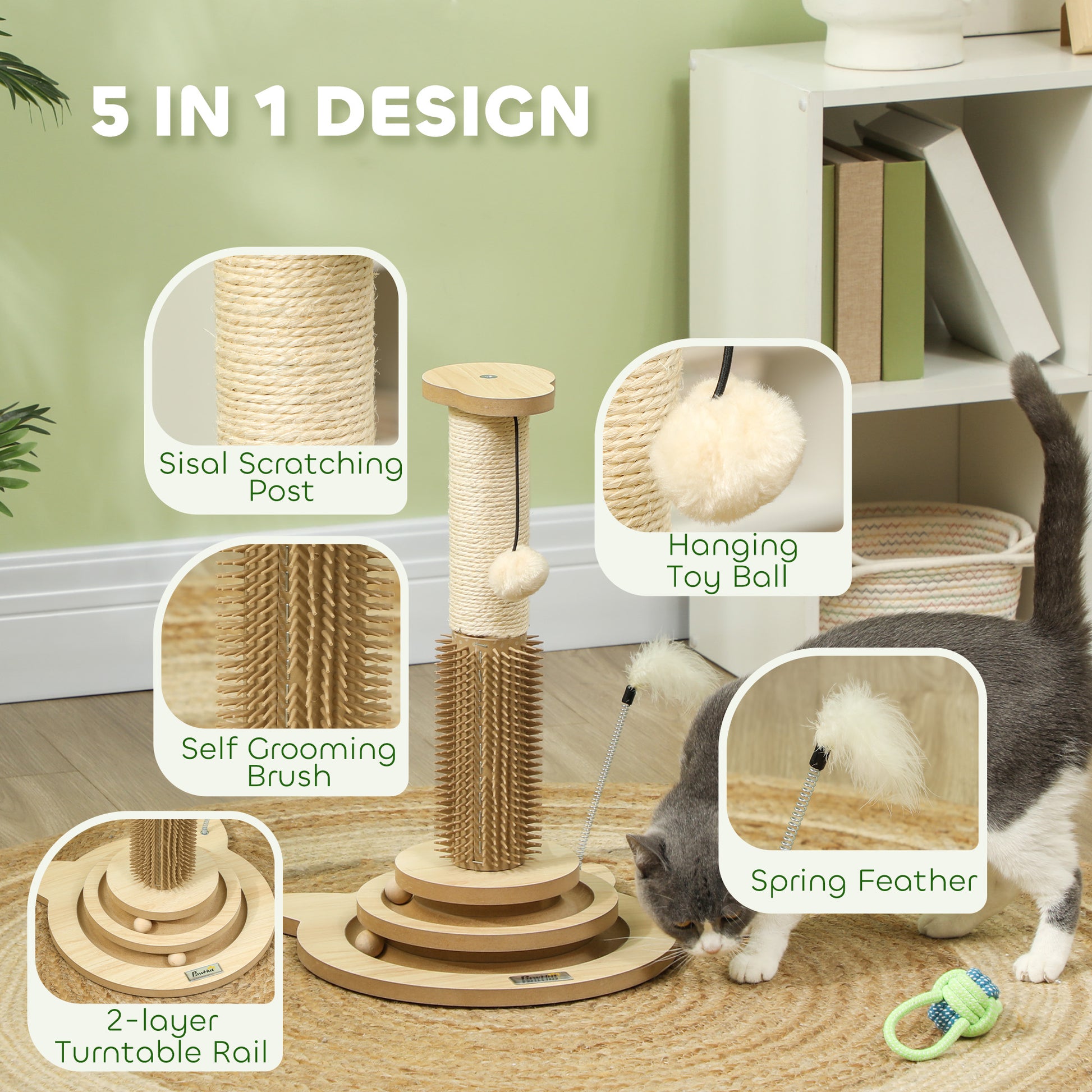 Scratching Post, 5 in 1 Cat Post with Sisal Post, Track Ball Toy, Self Grooming Brush, Hanging Toy Ball, Feather, Oak