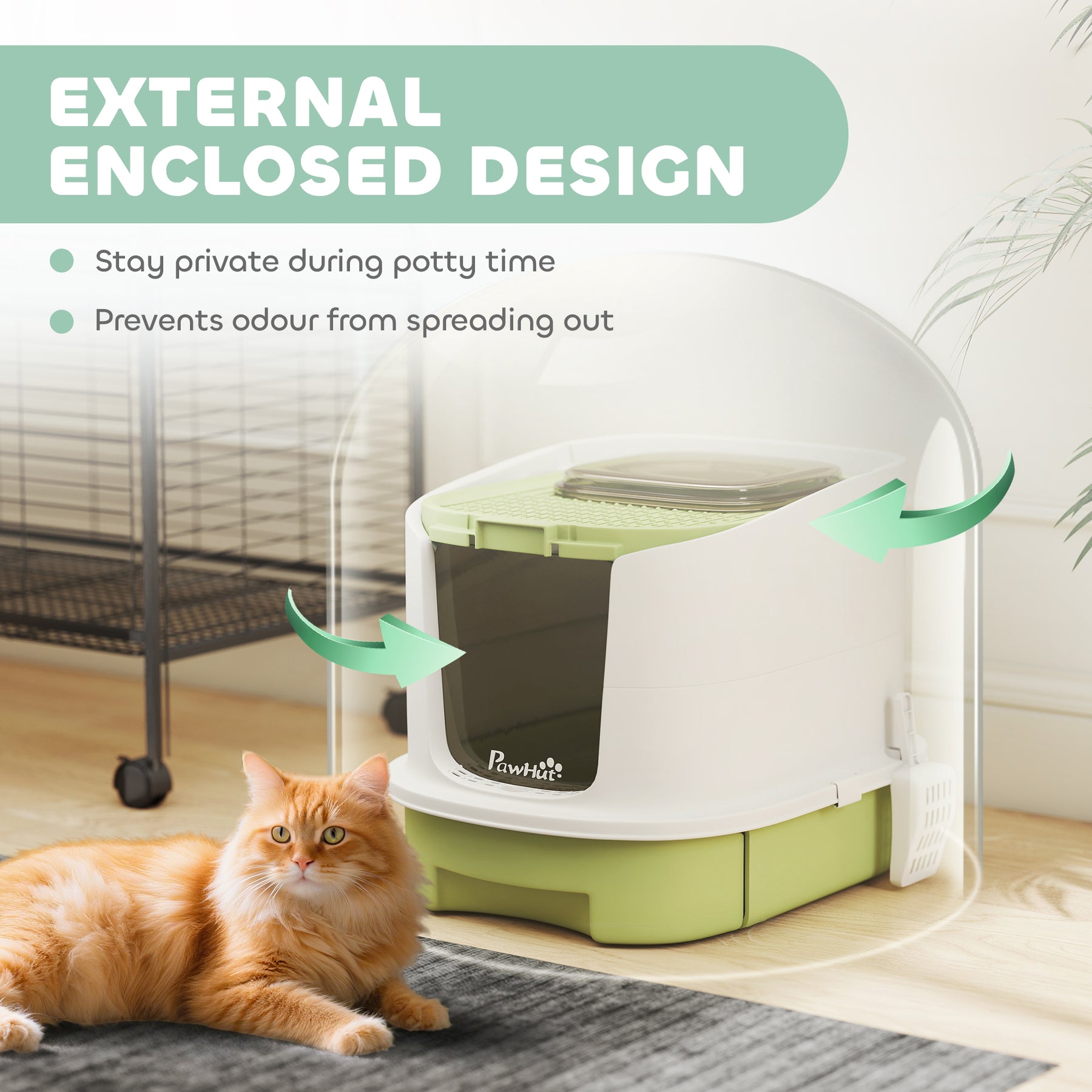 Cat Litter Box with Lid, Scoop, Deodorisation Bags, Top Entry, Green