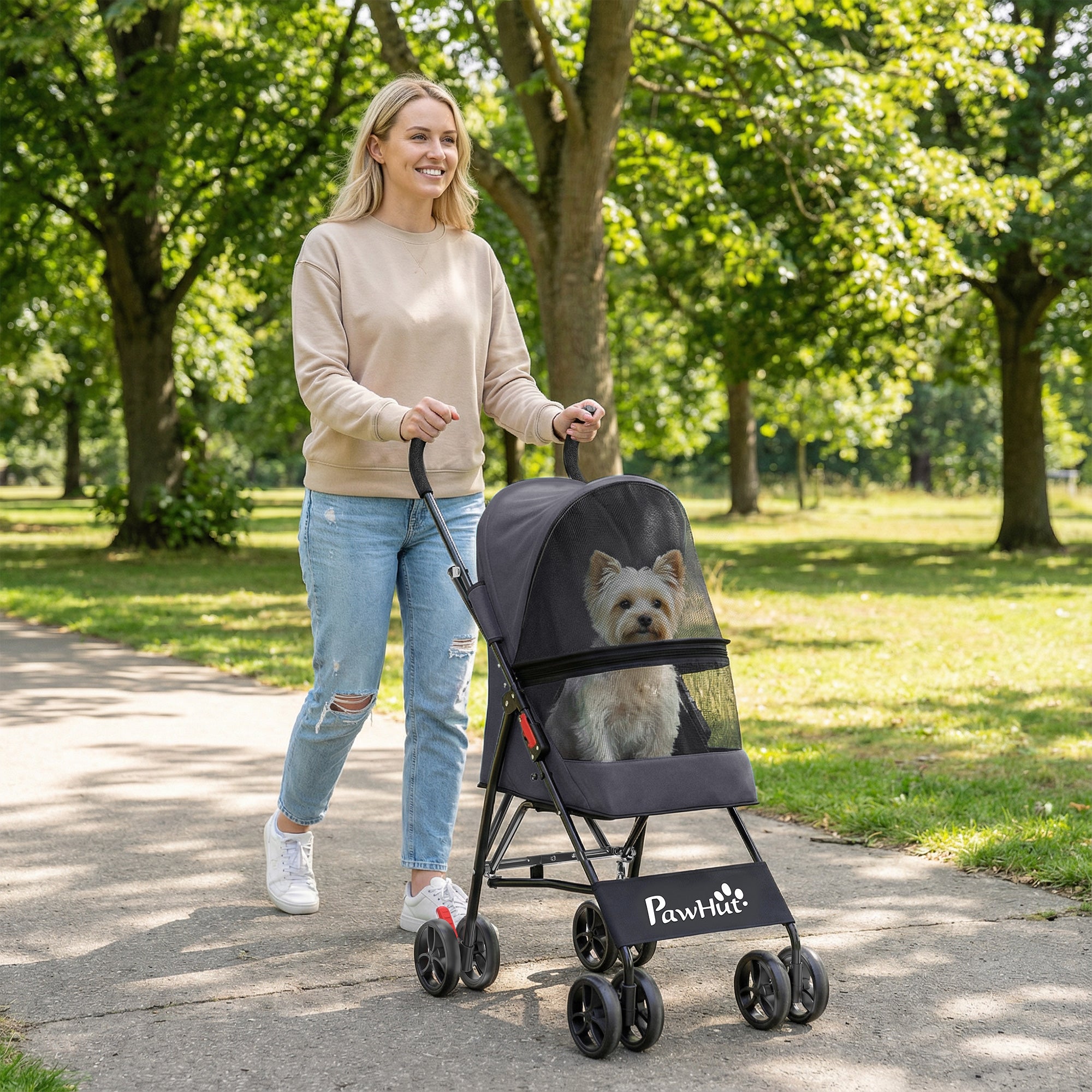 Dog Stroller, Foldable Cat Dog Pram for Miniature Breeds, Pet Stroller with Brake, Mesh Windows, Dark Grey