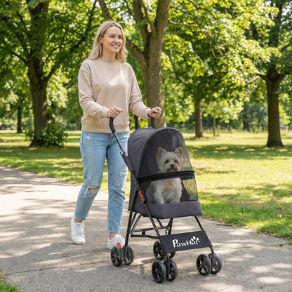 Dog Stroller, Foldable Cat Dog Pram for Miniature Breeds, Pet Stroller with Brake, Mesh Windows, Dark Grey
