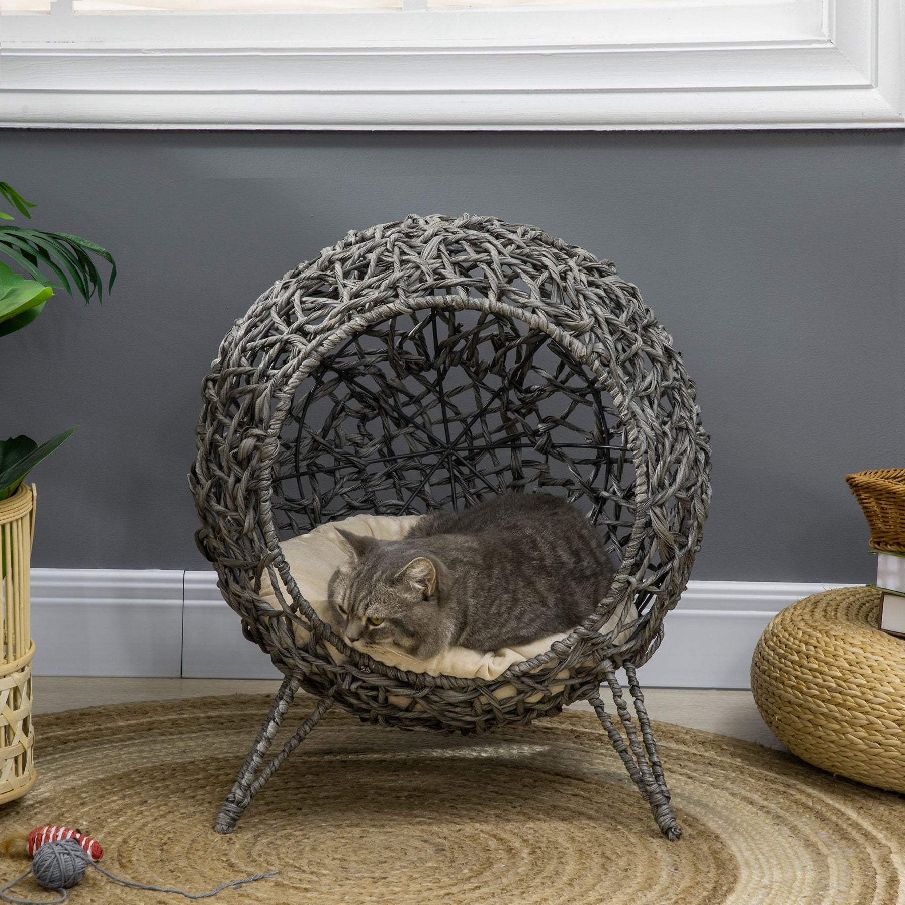 Rattan Elevated Cat Bed: Cosy Ball-Shaped Kitten Abode with Removable Cushion, Silver-Tone and Grey