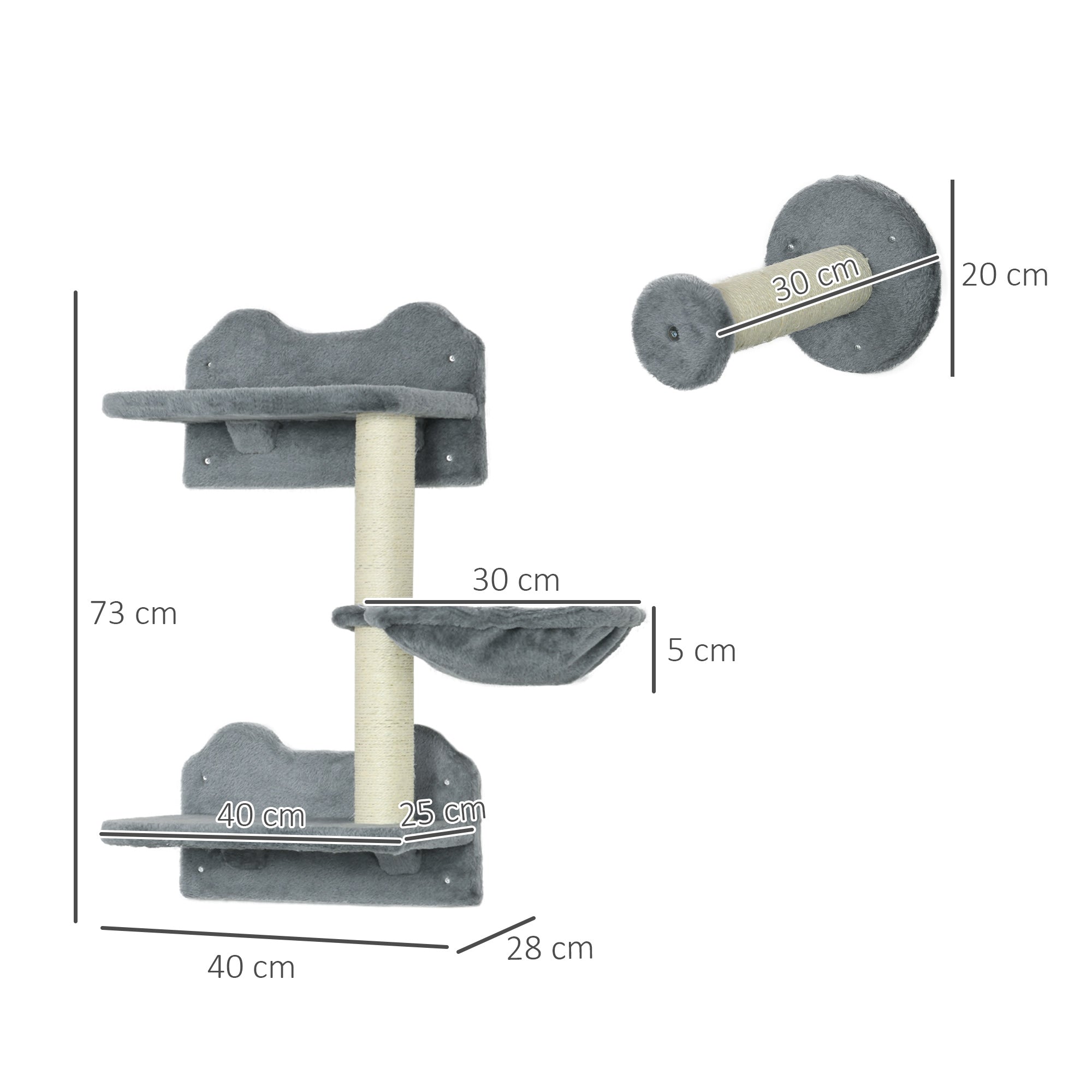 Wall-Mounted Cat Shelf Set, 4-Piece with Scratching Post, Space-Saving Design for Indoor Cats, Grey