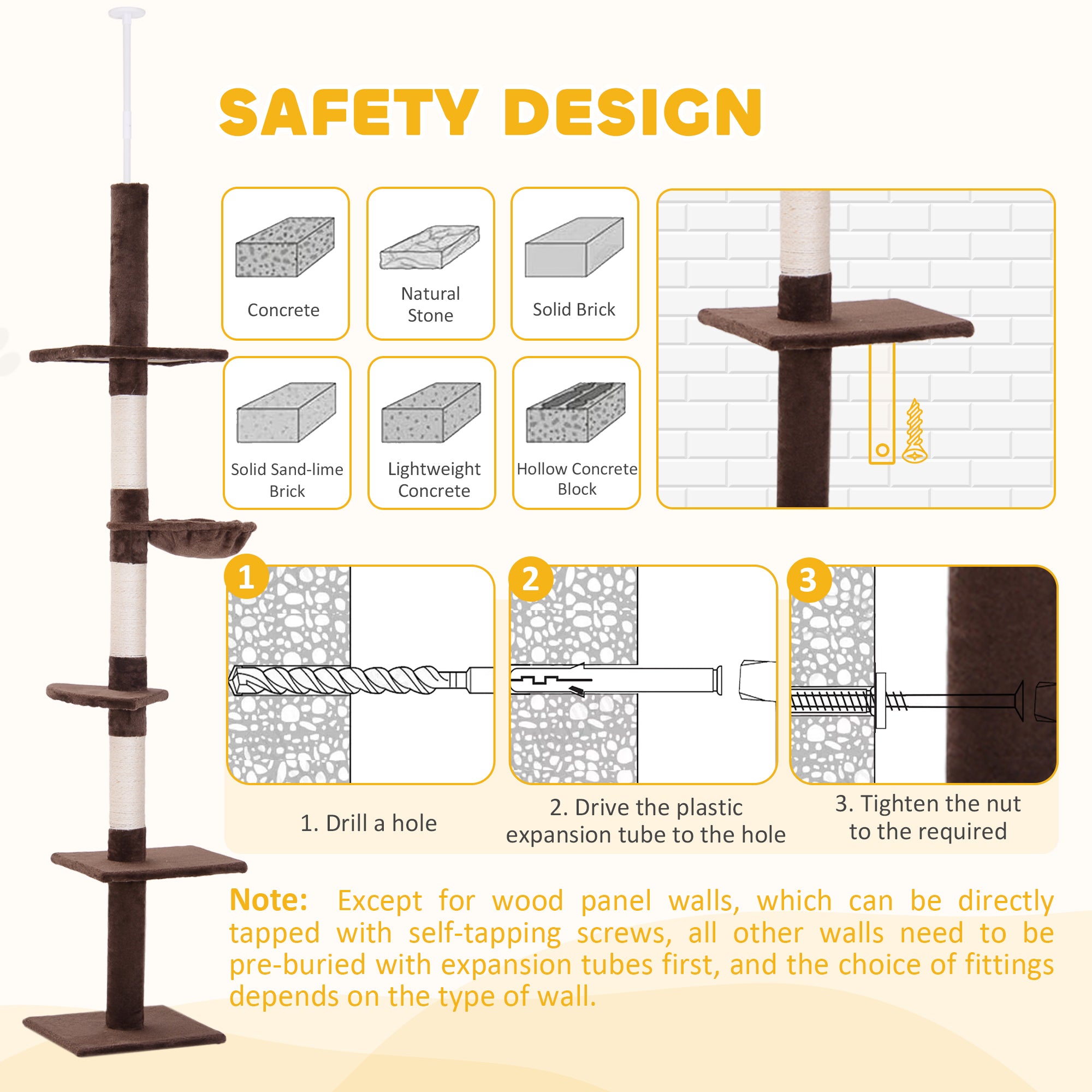 Cat Climbing Tree, 5-Tier Floor to Ceiling Adjustable Scratching Post Tower, Activity Centre, Brown,
