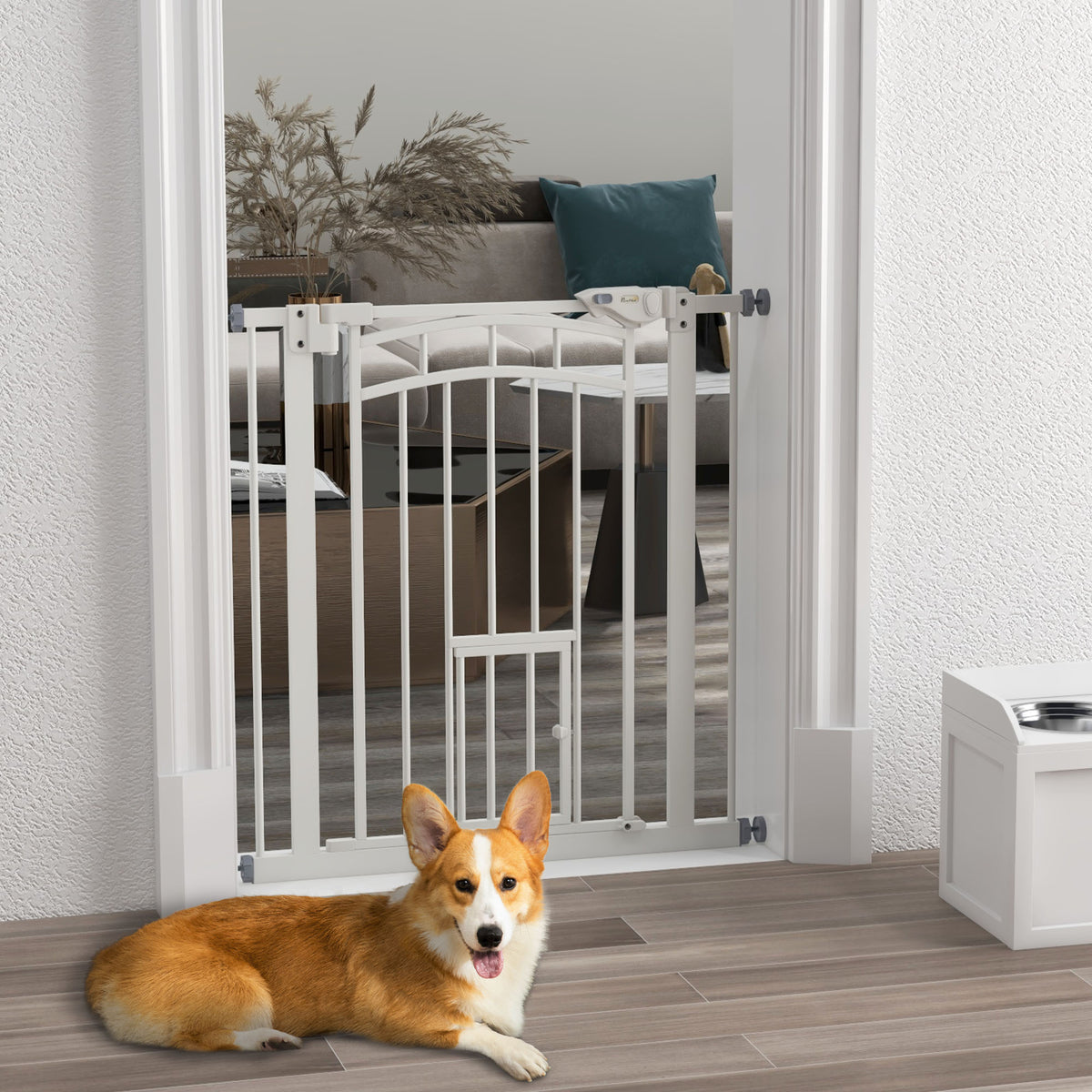 PawHut Pressure Fit Stair Gate, Dog Gate w/ Small Cat Door, Auto Closing System, Double Locking Openings, 74-80cm - White PawHut