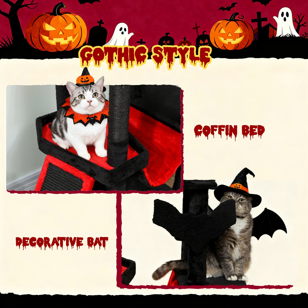 PawHut Gothic Cat Tree, 152 cm Multi-Level Cat Tower for Large Cats with Coffin Bed, Large Condo, for Halloween PawHut