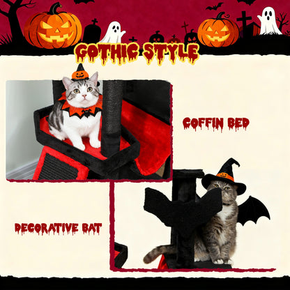 PawHut Gothic Cat Tree, 152 cm Multi-Level Cat Tower for Large Cats with Coffin Bed, Large Condo, for Halloween PawHut