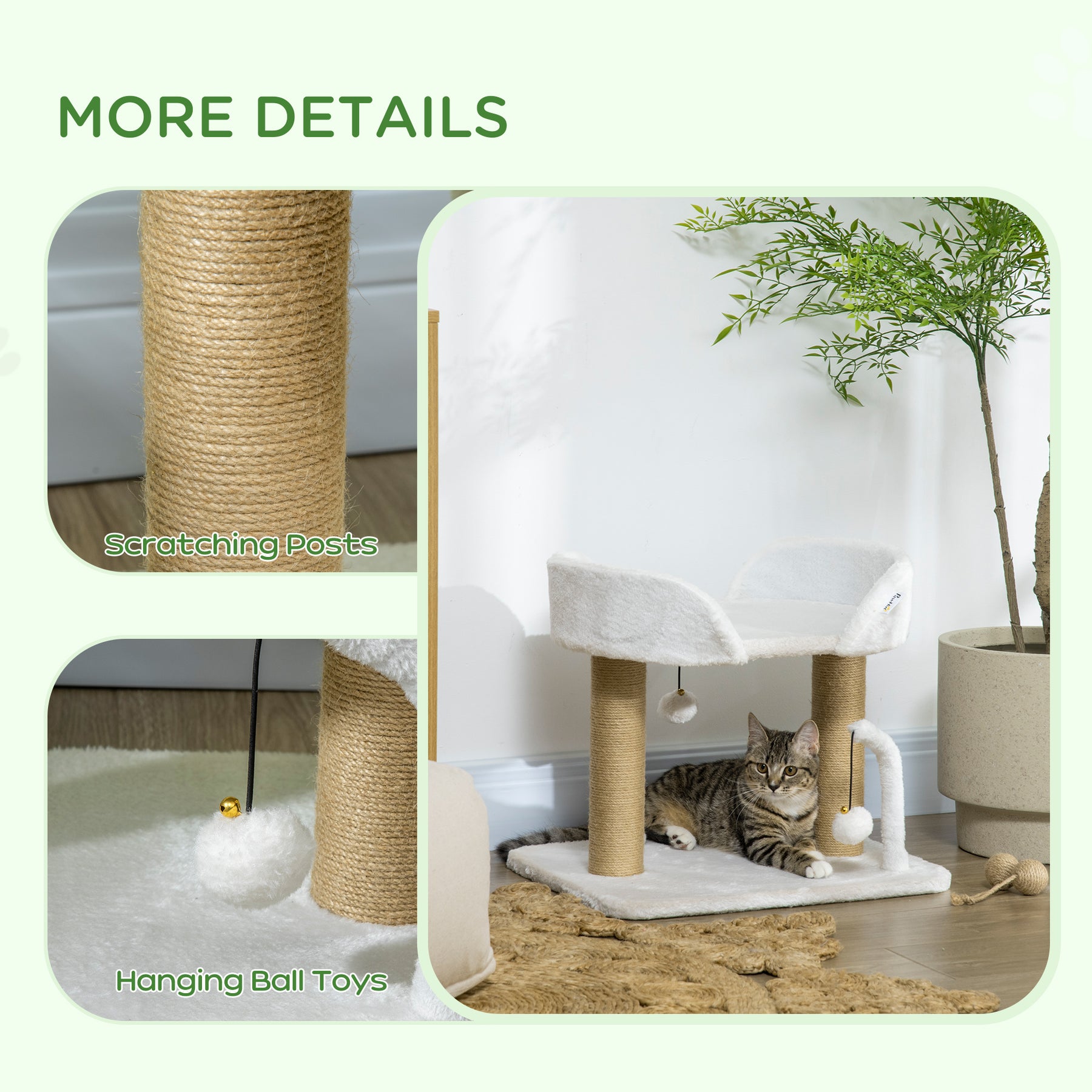 Kitten Climber: Indoor Cat Tree with Sisal Scratcher, Cosy Bed & Toy Balls, White Tower