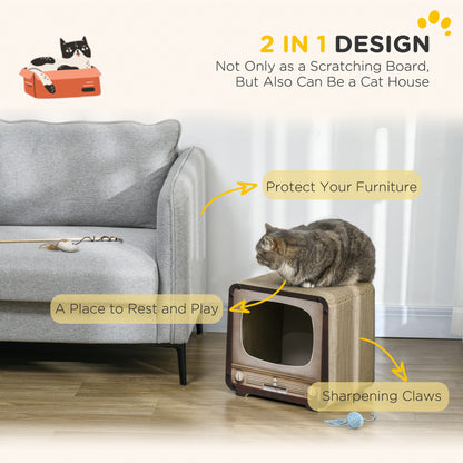 PawHut 2 in 1 TV Shape Cat Scratching Board House with Catnip, for Indoor Cats, Brown PawHut