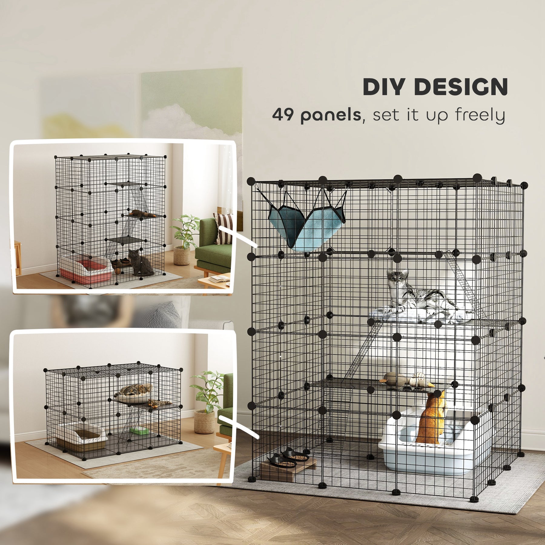 Steel Wire Cat Cage Indoor with Hammock, Ramps, Doors, DIY Cat Enclosure for 1-3 Cats, Black