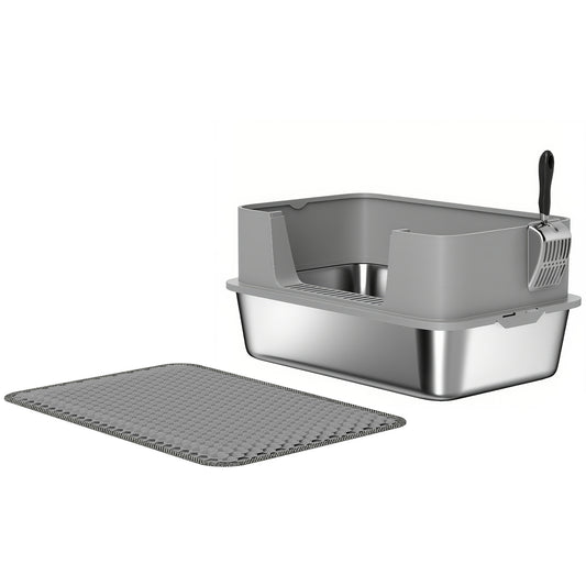 PawHut Stainless Steel Litter Box with High Sides, Scoop & Litter Mat Stainless Steel Litter Box PawHut Default Title