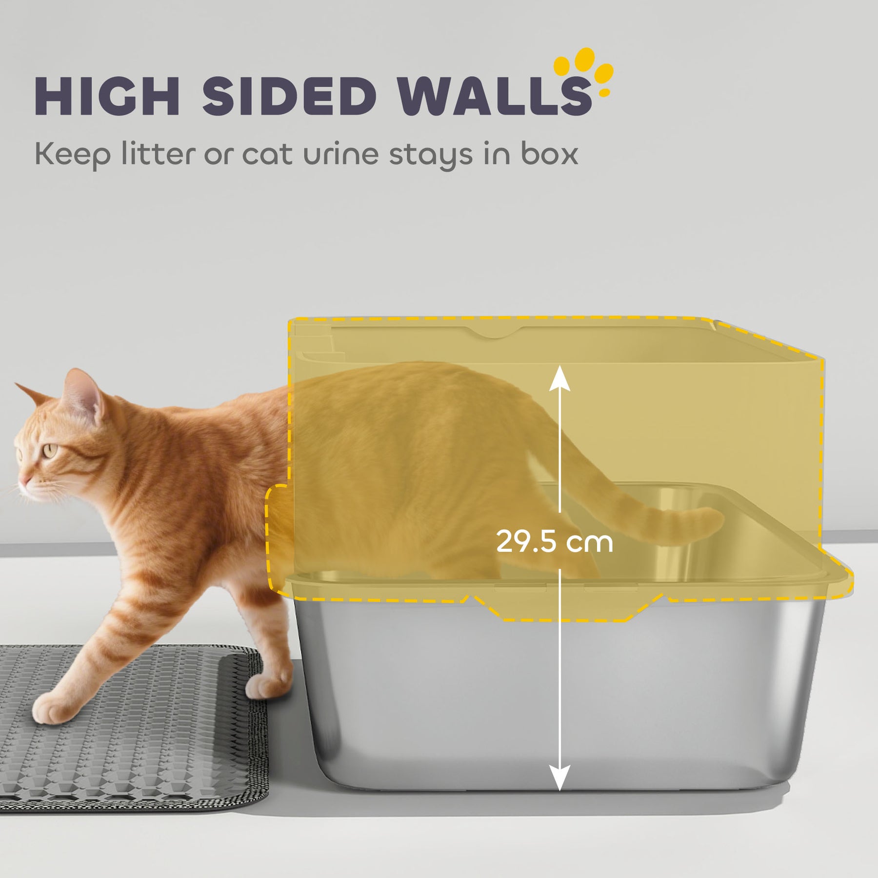 High Sided Stainless Steel Litter Box, Metal Cat Litter Tray with Scoop, Litter Mat, Never Absorbs Odors, Grey