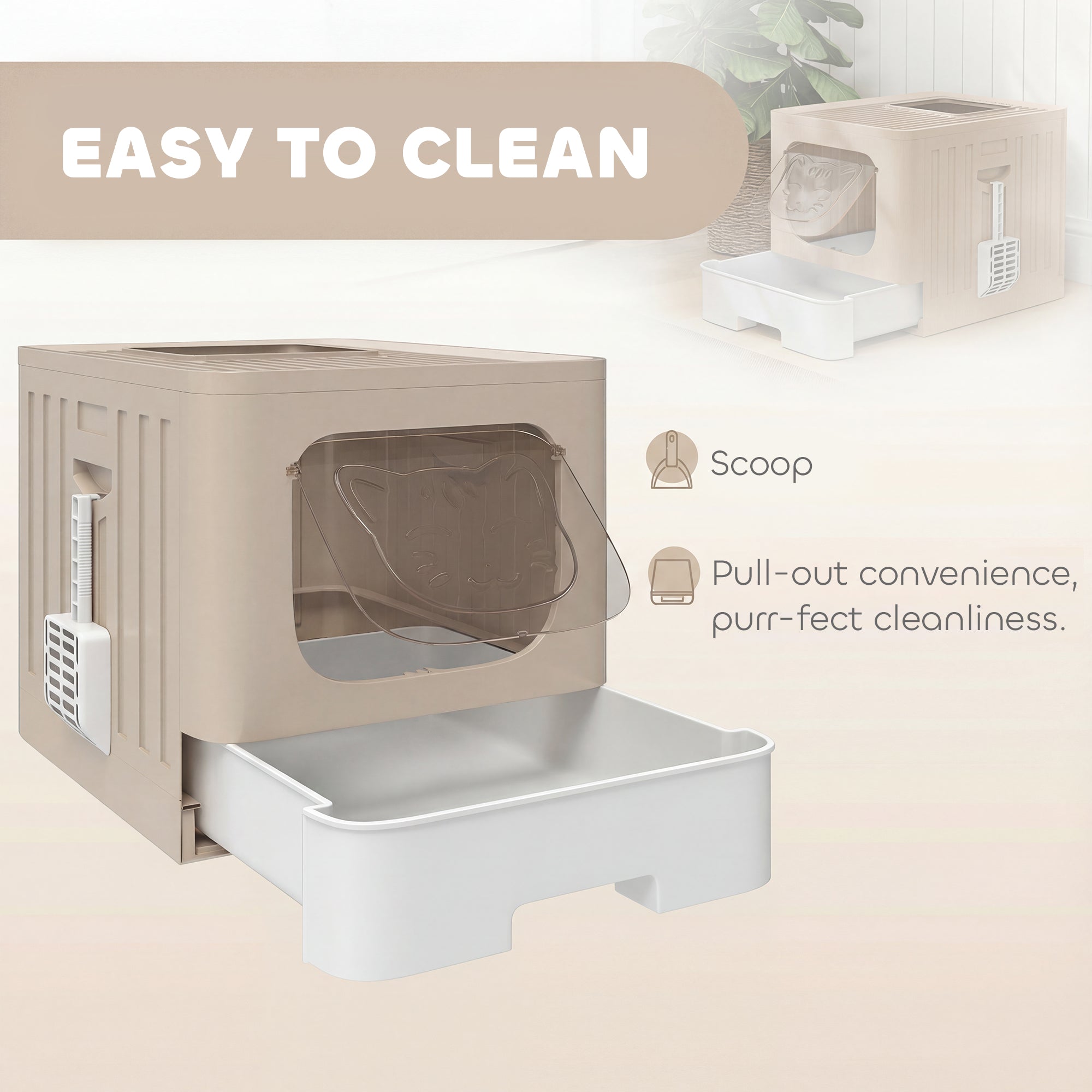 Foldable Cat Litter Box with Lid, Slide-Out Drawer, Scoop, Easy Clean, Odour Control, Anti-Splashing, Khaki