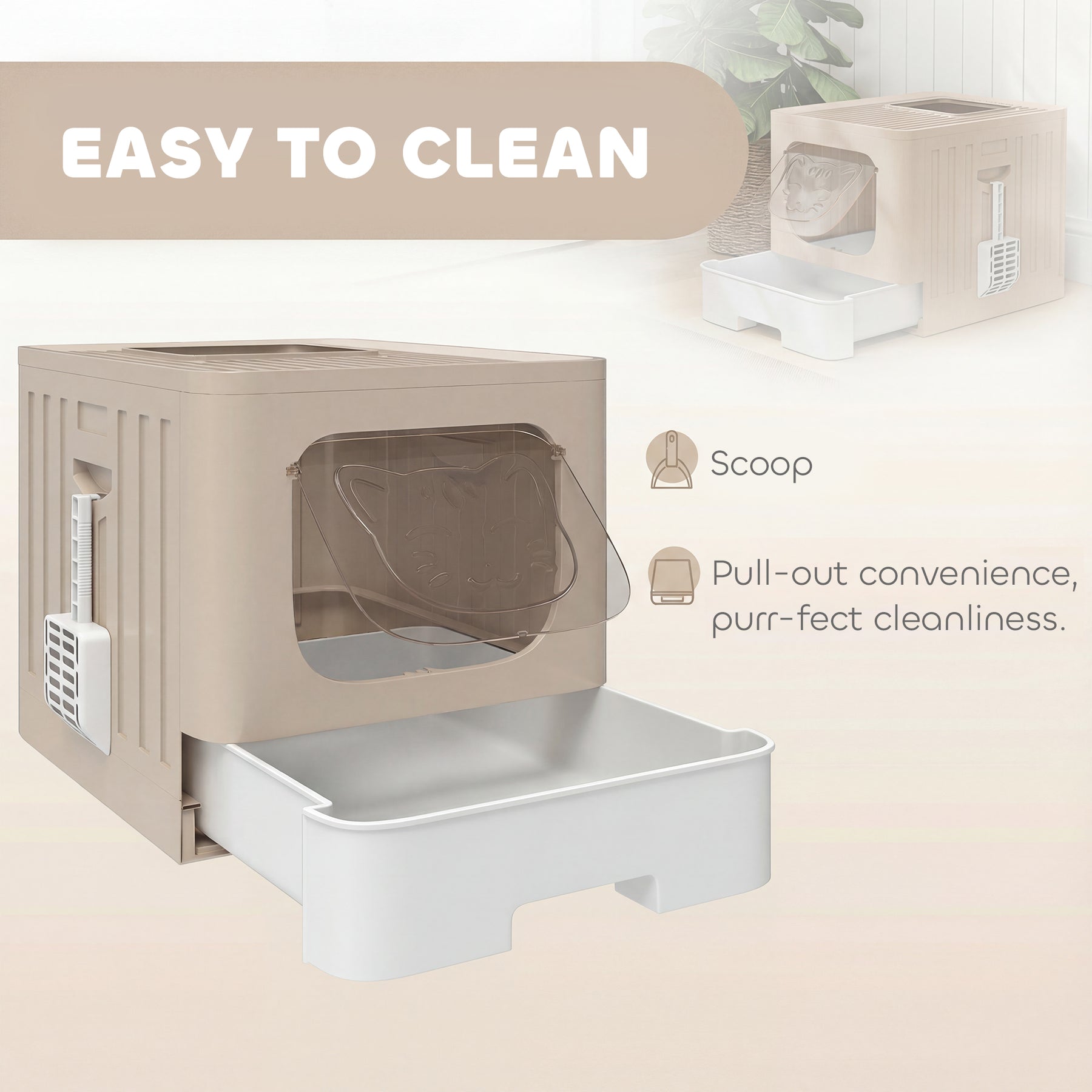 Foldable Cat Litter Box with Lid, Slide-Out Drawer, Scoop, Easy Clean, Odour Control, Anti-Splashing, Khaki