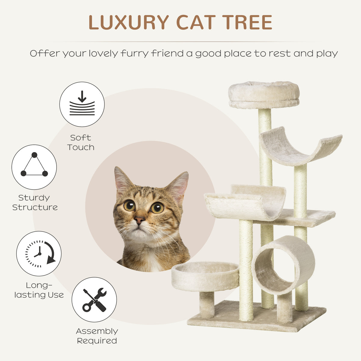 PawHut 105cm Cat Tree with Tunnel, Scratching Posts & Perch – Beige Cat Trees & Towers PawHut