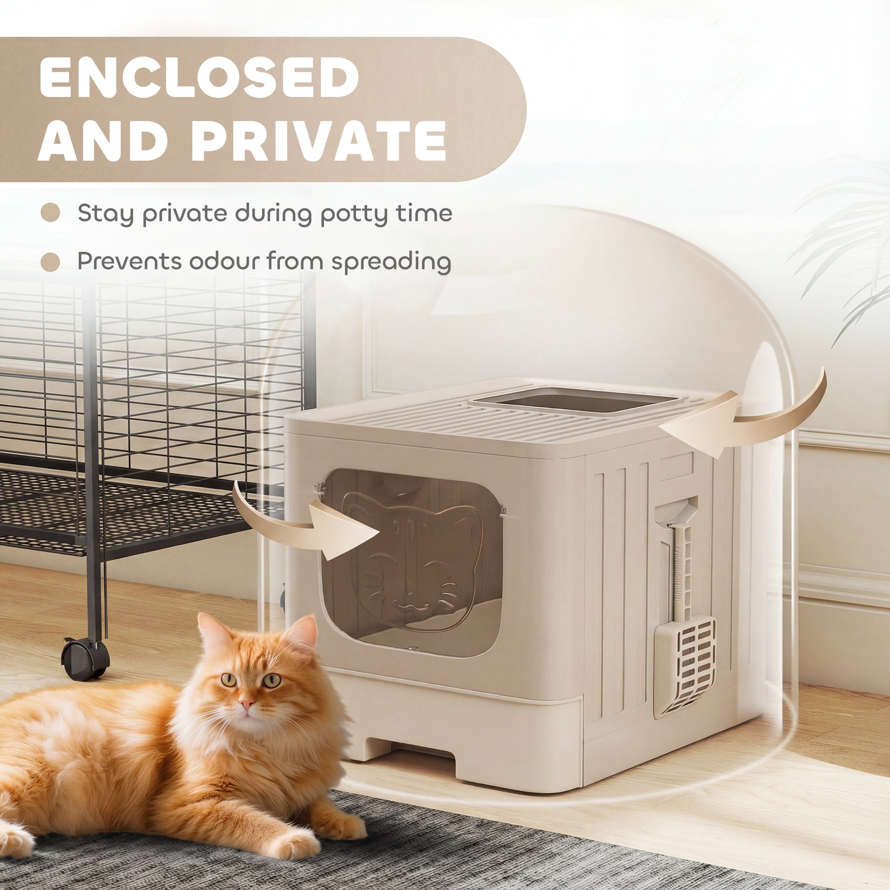 Foldable Cat Litter Box with Lid, Slide-Out Drawer, Scoop, Easy Clean, Odour Control, Anti-Splashing, Khaki