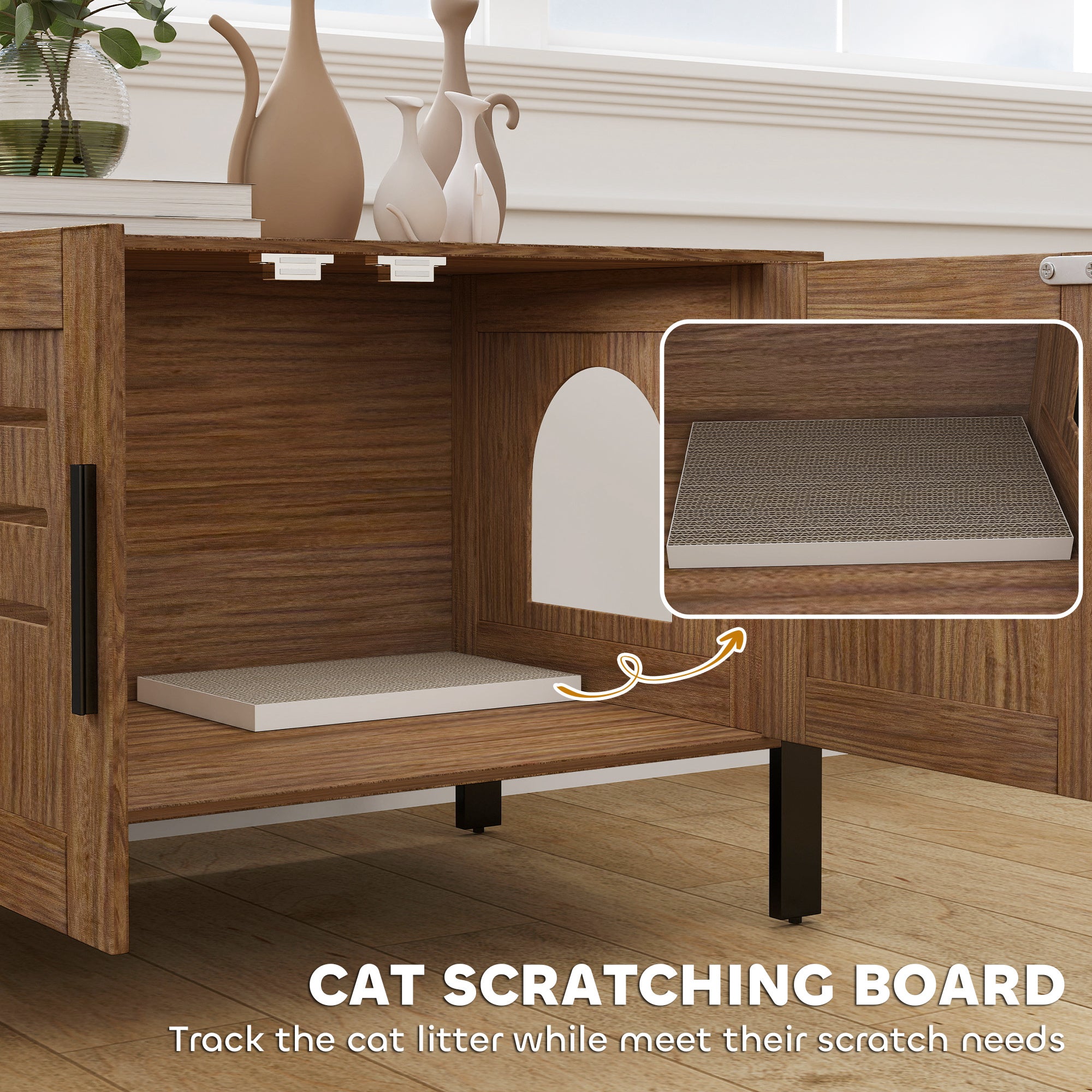 Cat Litter Box Enclosure with Tall Legs, Scratching Board, Double Doors, Ventilation Holes, Dark Brown