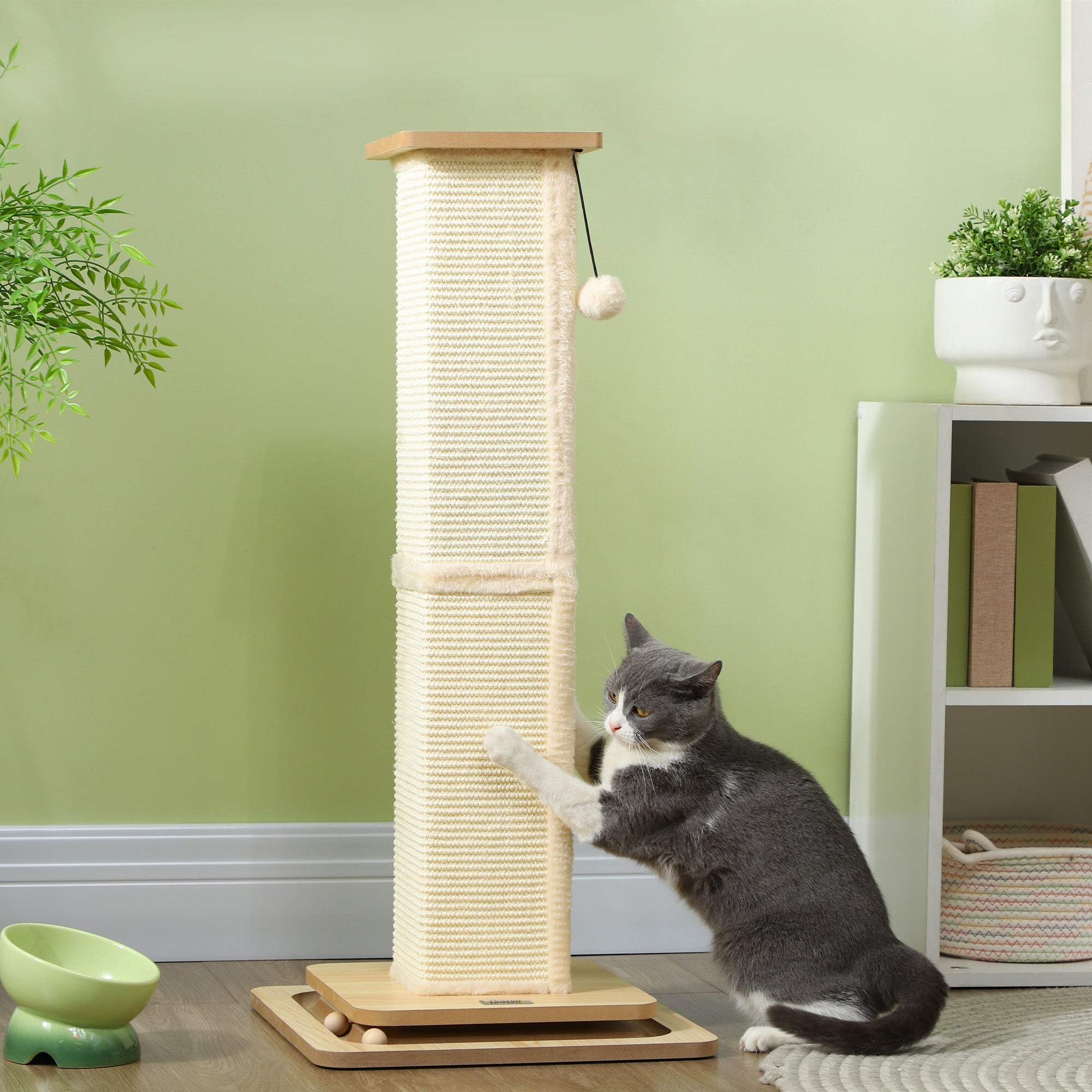 Scratching Post, 3 in 1 Cat Post with Sisal Post, Track Ball Toy, Self Grooming Brush, Hanging Toy Ball, Feather, Oak