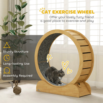 PawHut 39.4" Wooden Cat Running Wheel with Brake, Natural PawHut