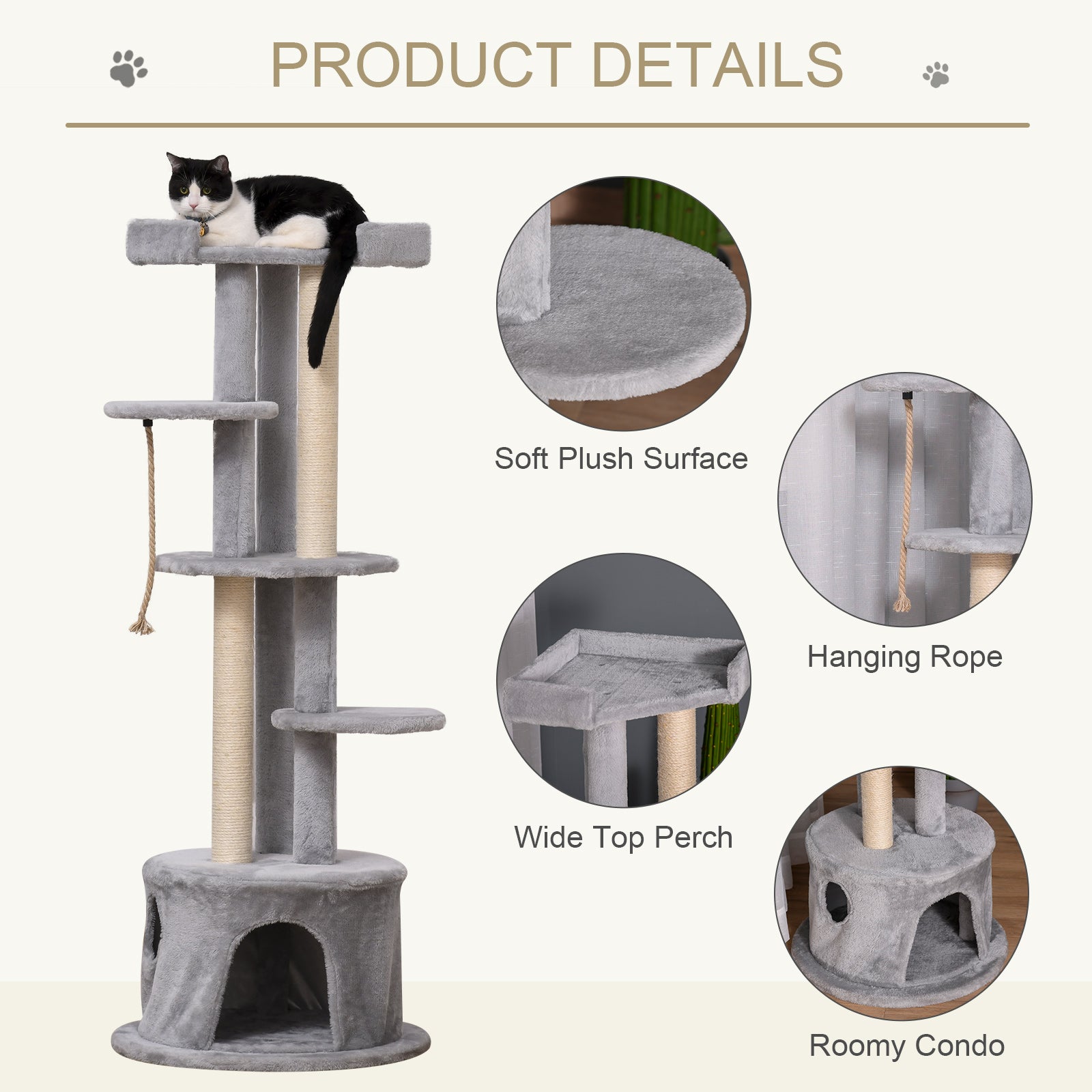Cat Tree Multi-Level, Kitten Tower Activity Centre with Scratching Post, Condo, Hanging Ropes & Plush Perches, Grey