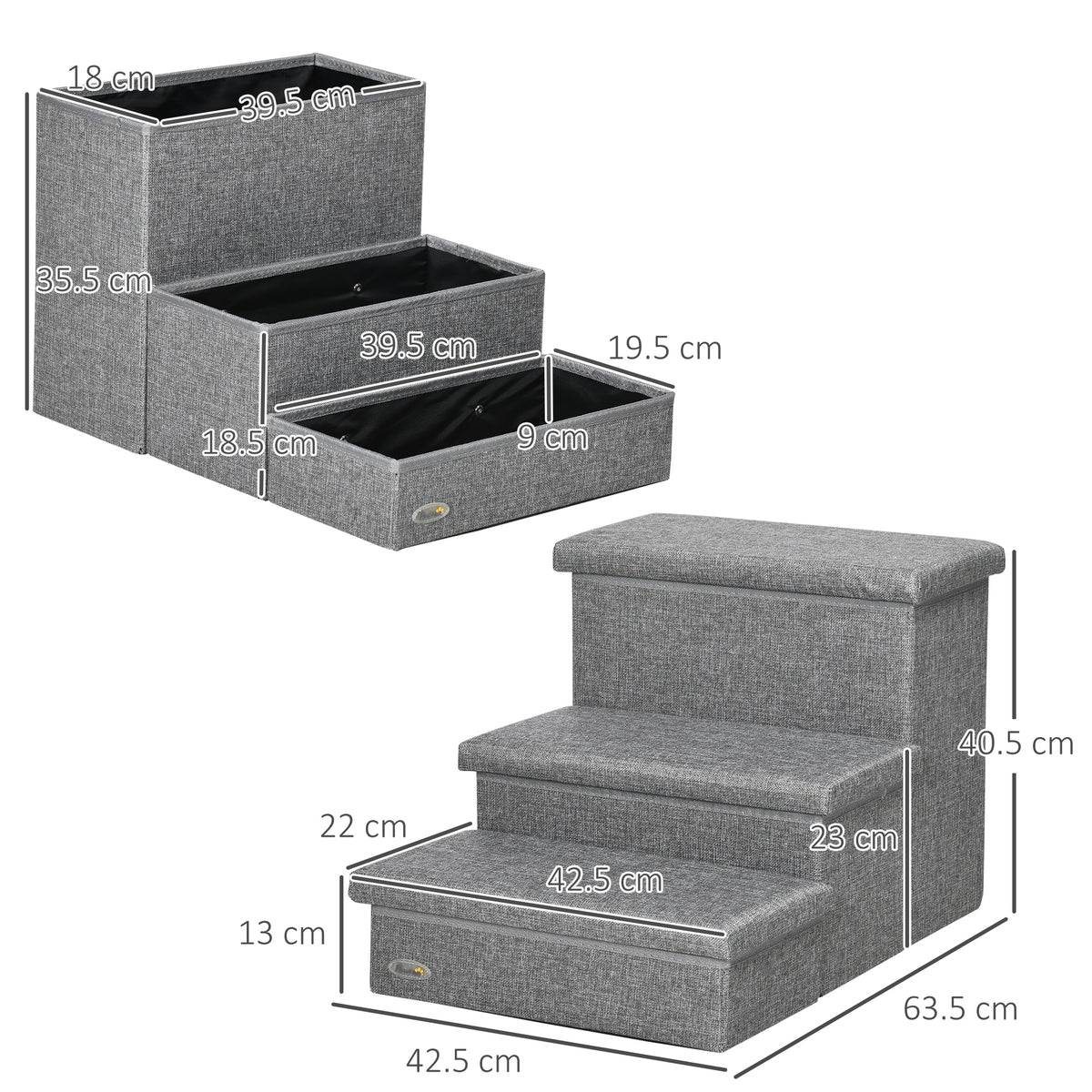 PawHut 3 Steps Pet Stairs, with Storage Boxes, for Bed, Couches - Grey PawHut