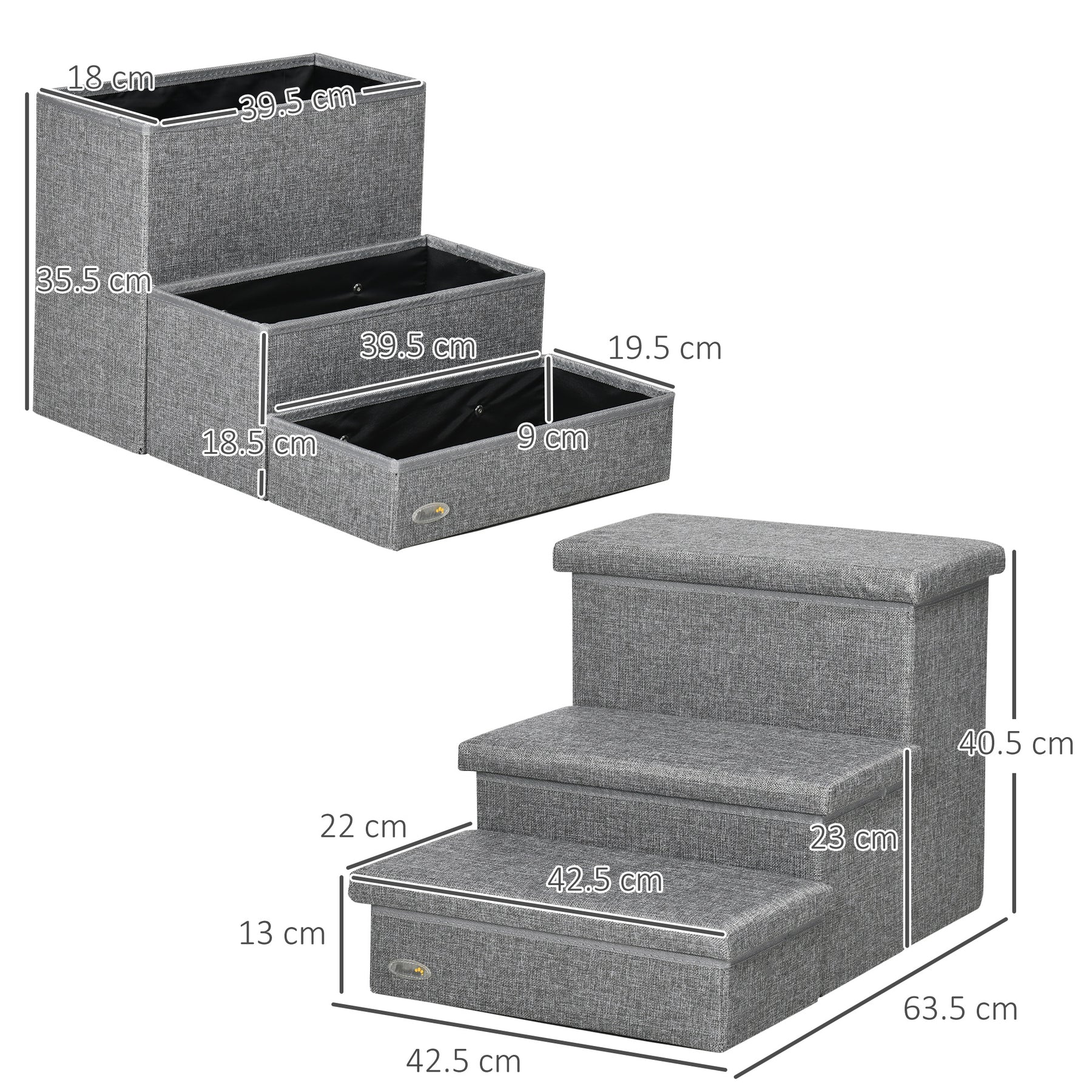 Cat Stairs with Storage Boxes, 3 Steps Dog Stairs for Bed, Pet Ladder for Couch Sofa, Easy Installation, Grey