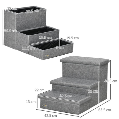 PawHut 3 Steps Pet Stairs, with Storage Boxes, for Bed, Couches - Grey PawHut