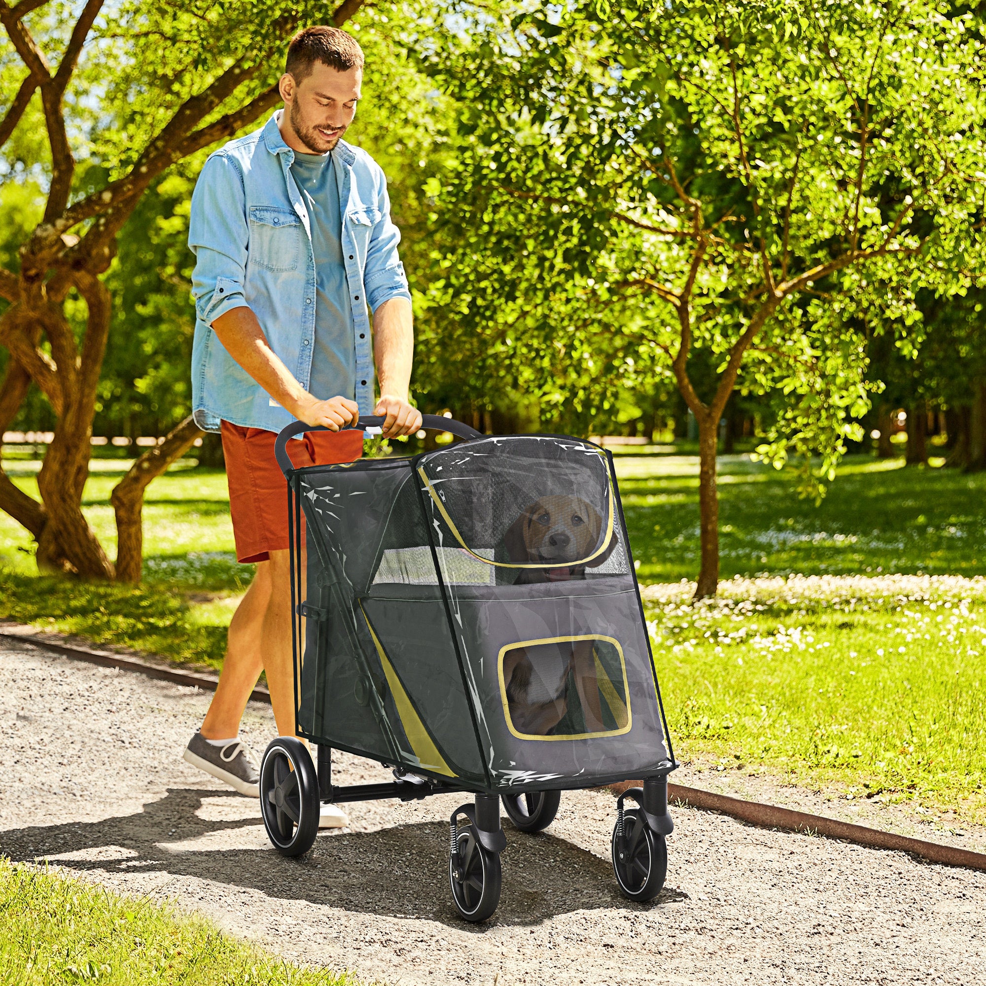 Foldable Pet Stroller with One-Click, Rain Cover, Front Wheels, Shock Absorber, Storage, Mesh for Cats & Dogs