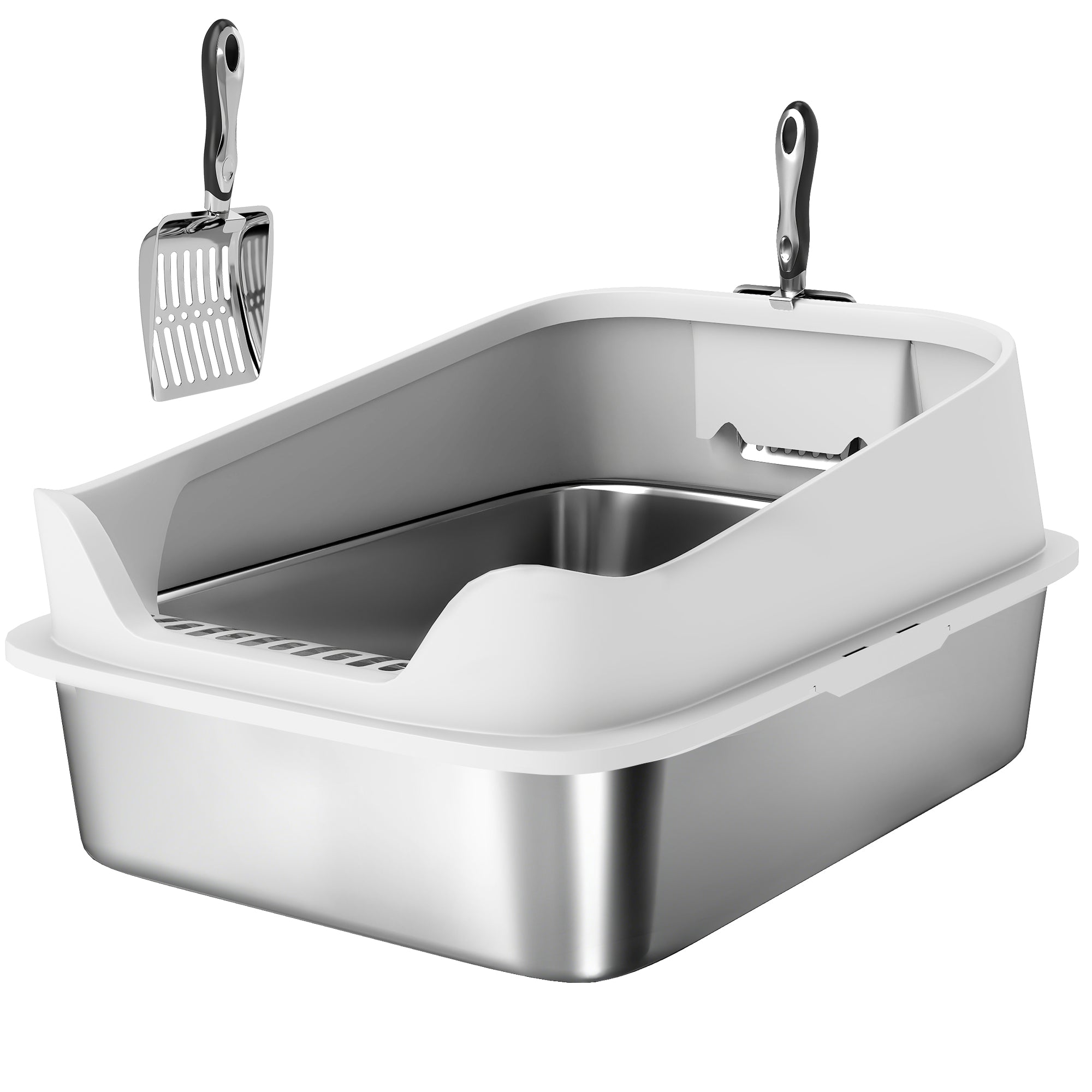 XL Stainless Steel Cat Litter Box with High Sides, Metal Scoop