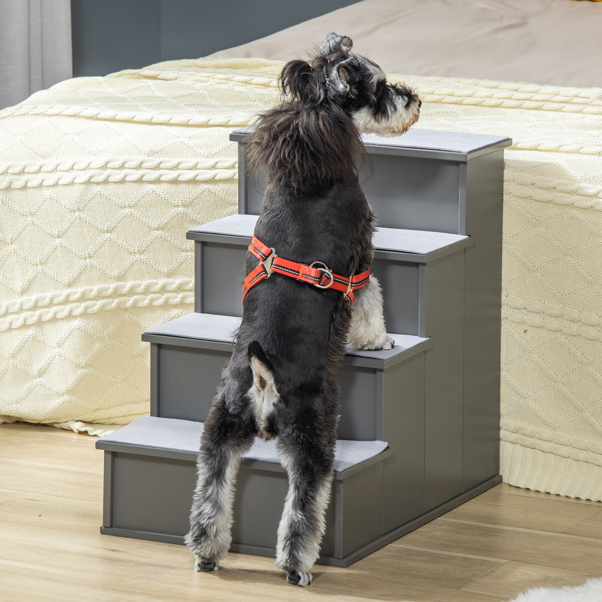 PawHut 4 Step Dog Steps for Bed, Wooden Dog Steps for Sofa, Pet Stairs for Bed Couch with Non-Slip Carpet for Cats and Puppies, 40 x 59 x 54.2 cm, Grey PawHut
