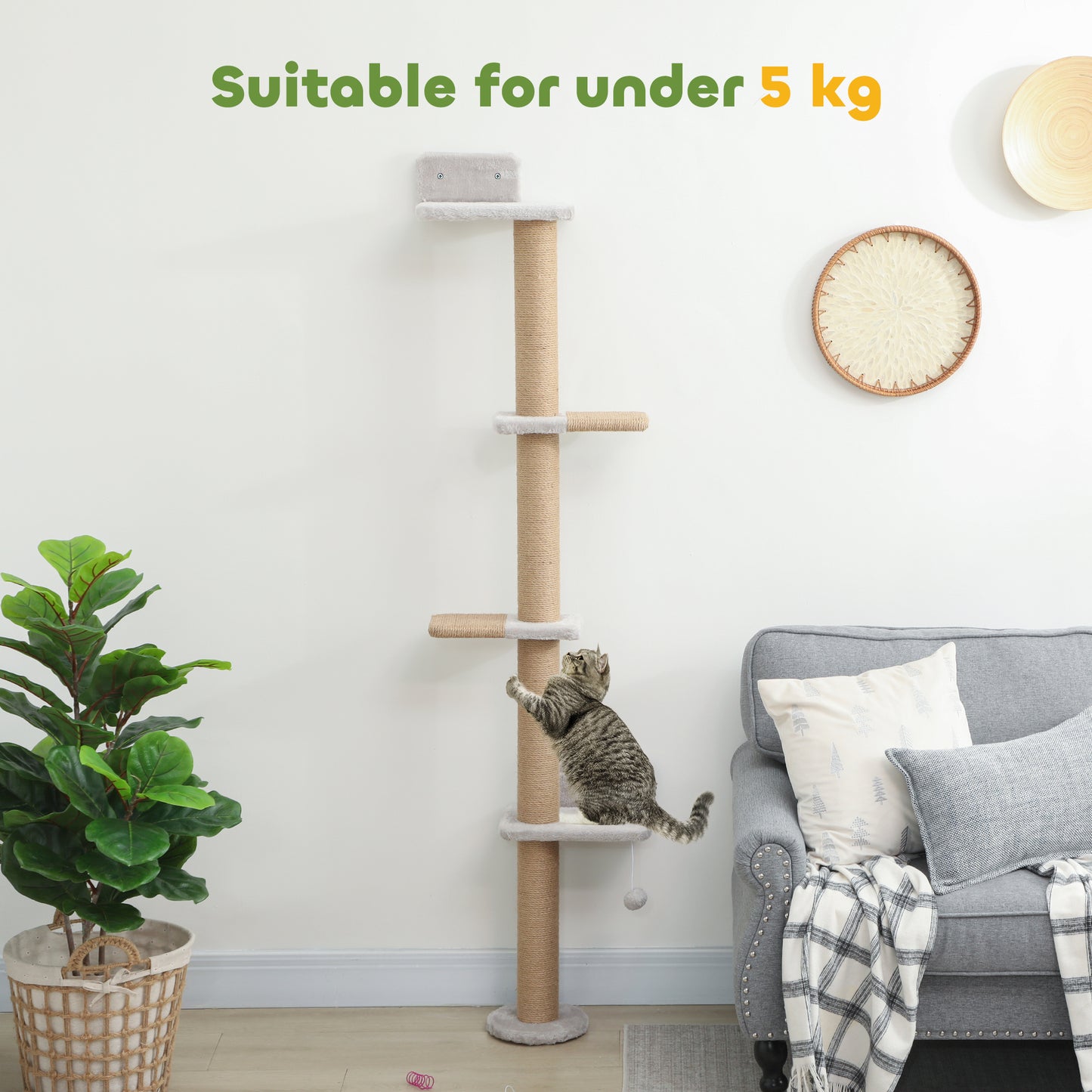 Wall Mounted Cat Shelves, Cat Climbing Wall with 4 Climbing Platforms, Jute Scratching Post and Toy Ball  Light Grey