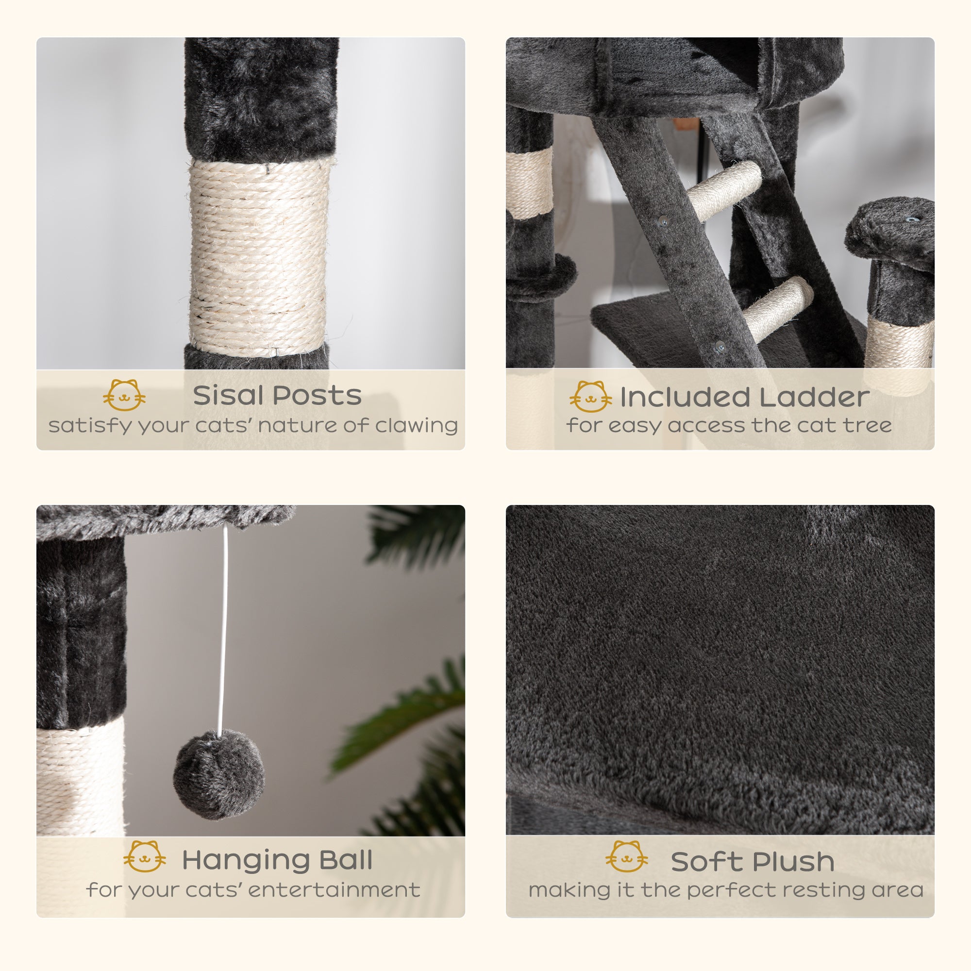 Cat Tower Floor-to-Ceiling Indoor Cat Tree, Adjustable Cat Post with Condos, Ramps, Hammocks, Toy Balls, Dark Grey