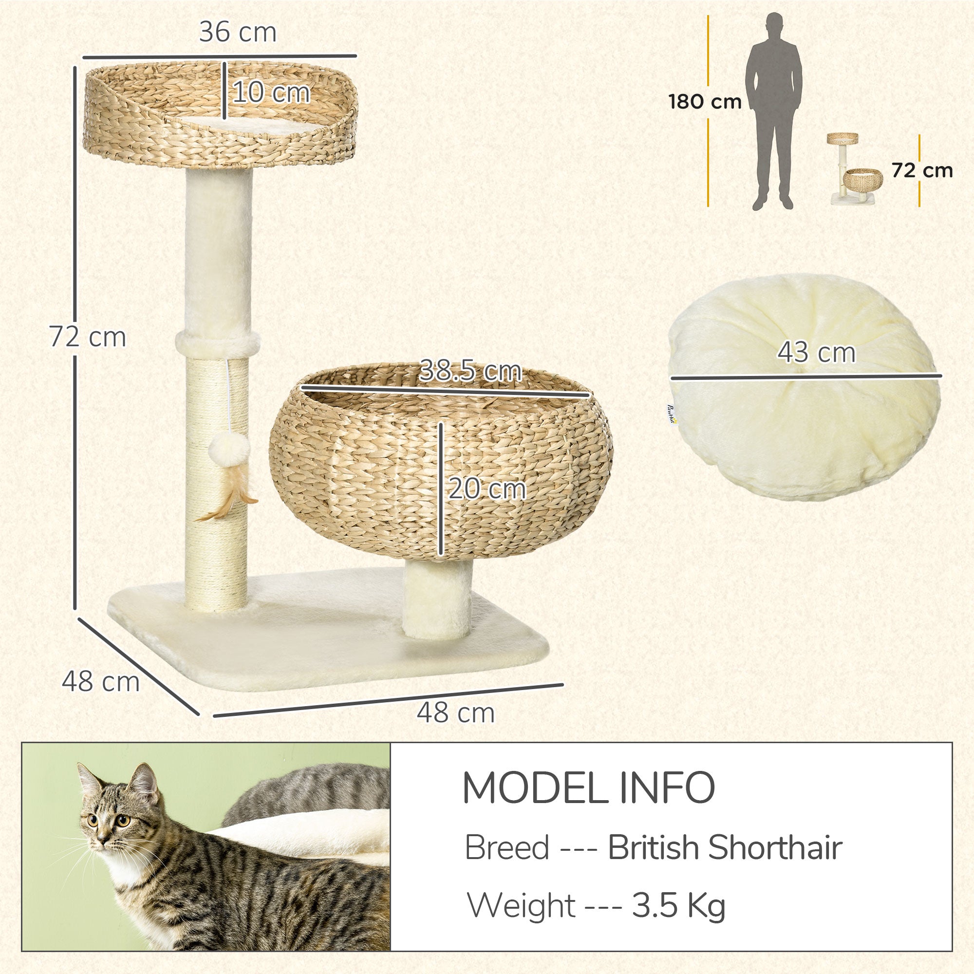 Cat Tree Kitten Tower, with Sisal Scratching Post, Two Beds, Toy Ball