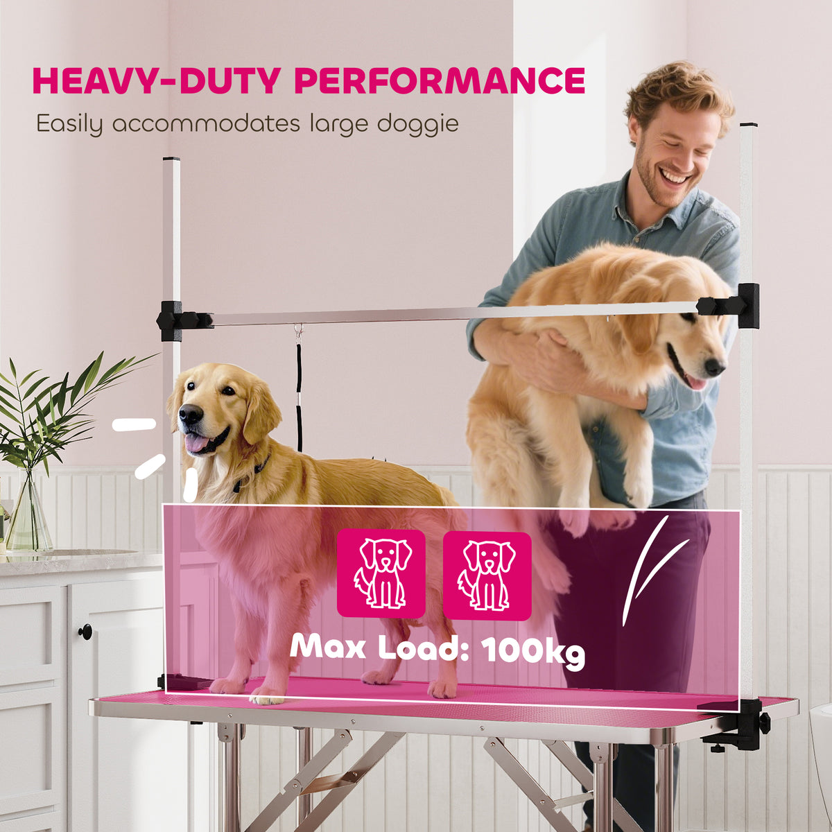 PawHut 42" Dog Grooming Table, Adjustable Pet Cat Drying Beauty Table with 2 Loops Storage Basket, Rubber Top, Pink PawHut