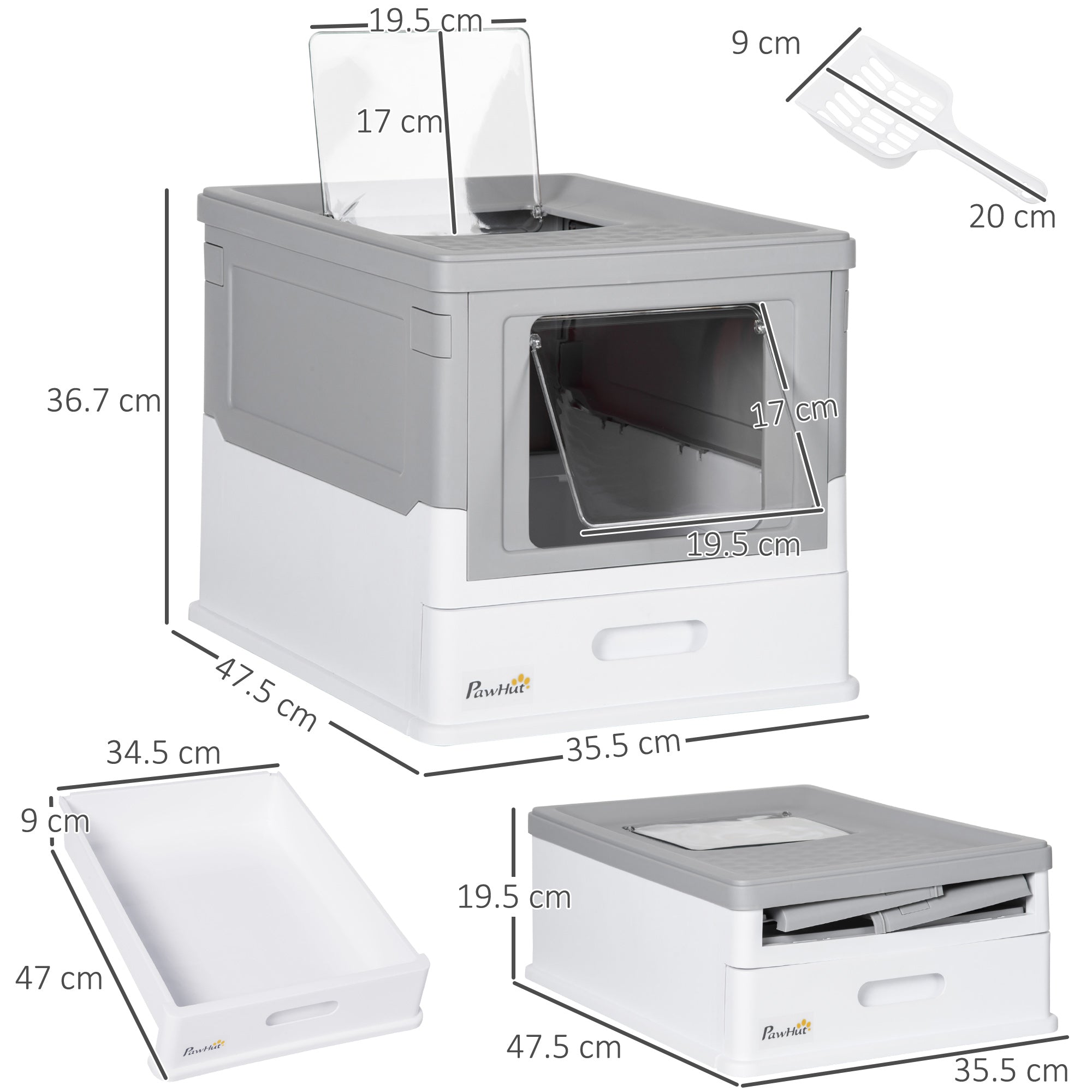 Hooded Cat Litter Box with Scoop, Front Entry Top Exit, Portable Pet Toilet, Large Space, Easy Assemble, Grey