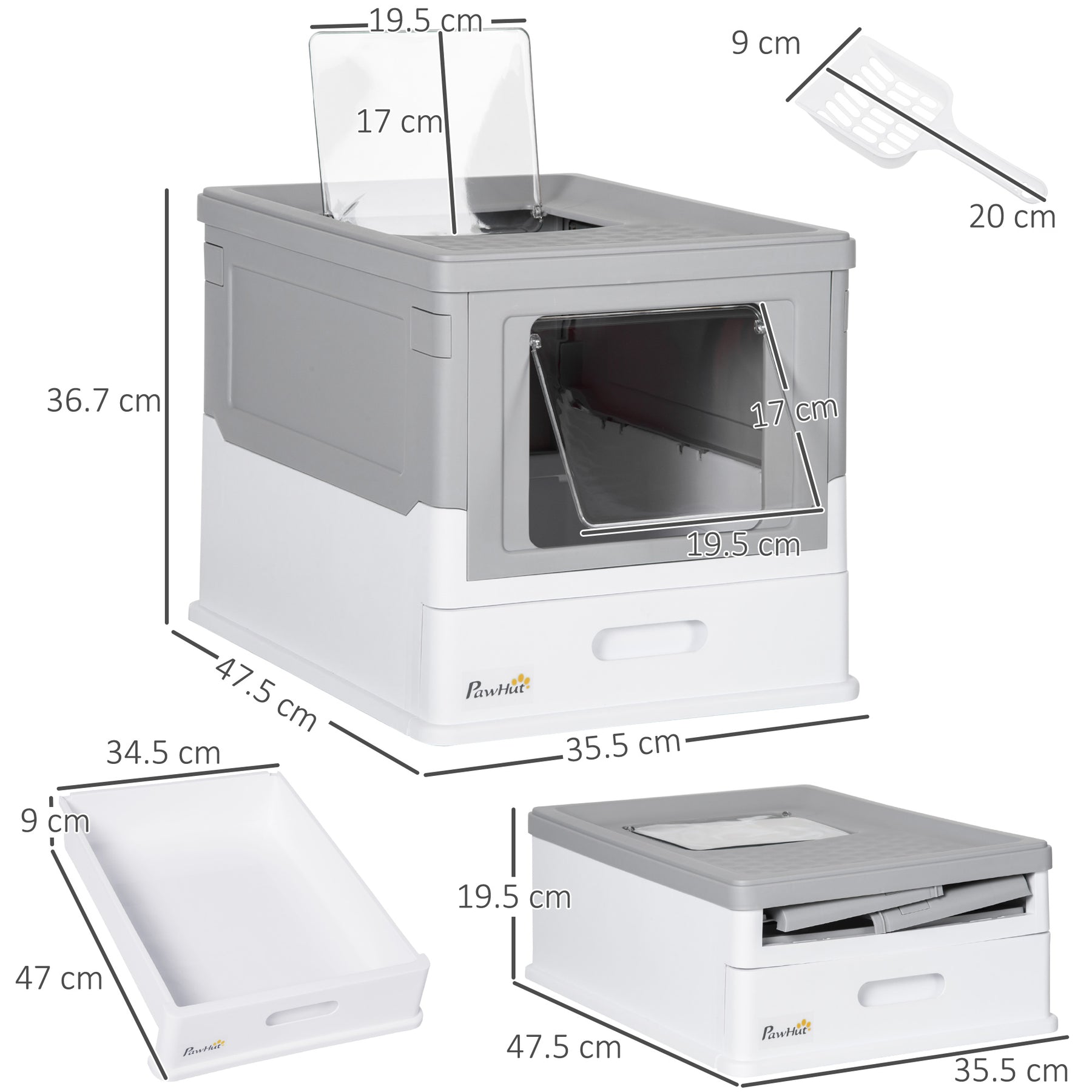 Hooded Cat Litter Box with Scoop, Front Entry Top Exit, Portable Pet Toilet, Large Space, Easy Assemble, Grey