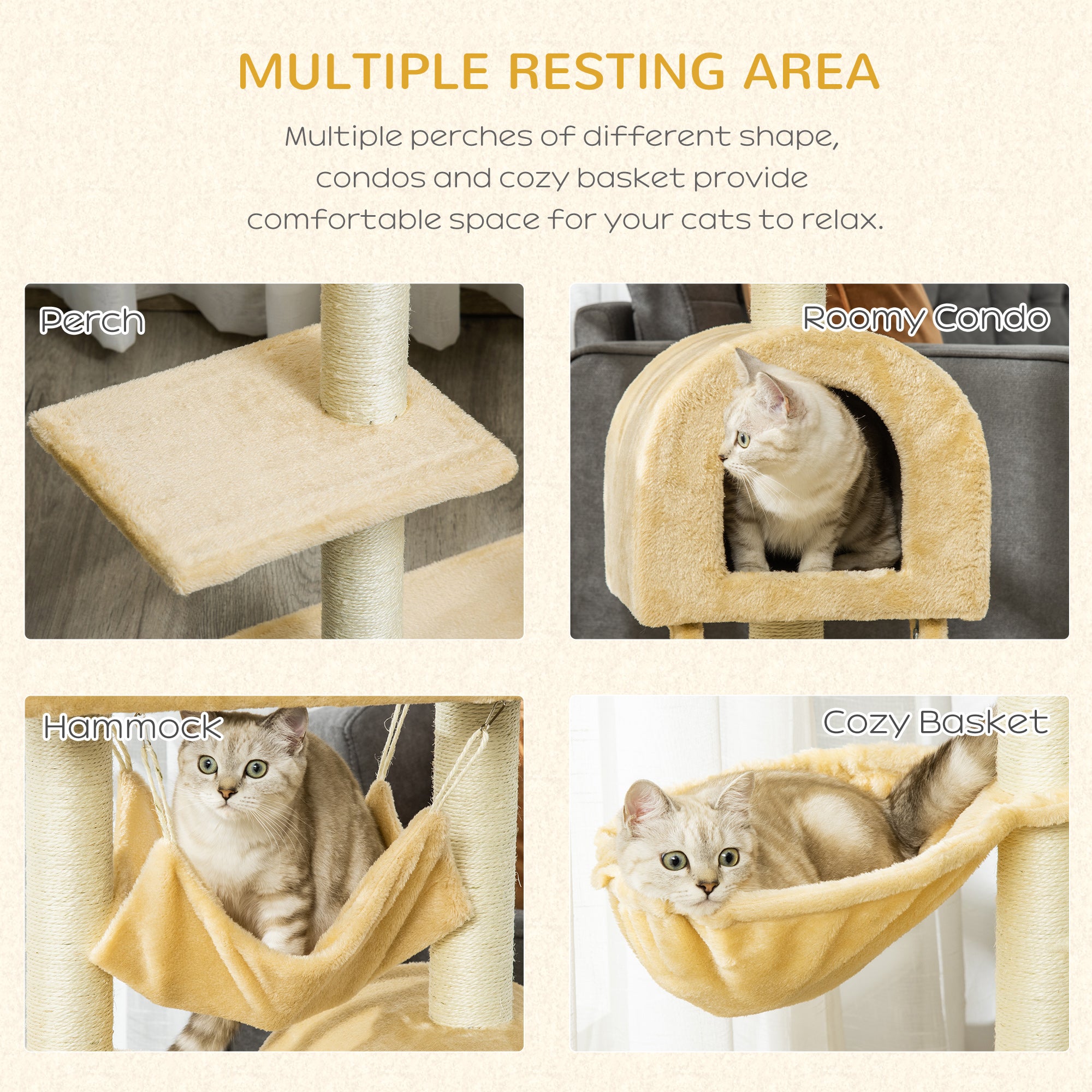 Cat Tree with Scratching Post, Hammock, Condo, Basket, Ladder Activity Centre for Kittens Beige
