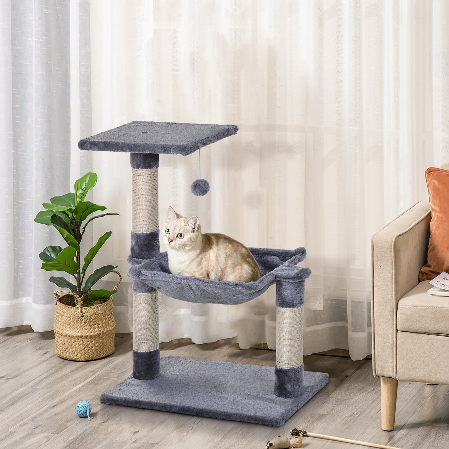Cat Scratching Post 2 Tier With Sisal Rope And Dangle Toy