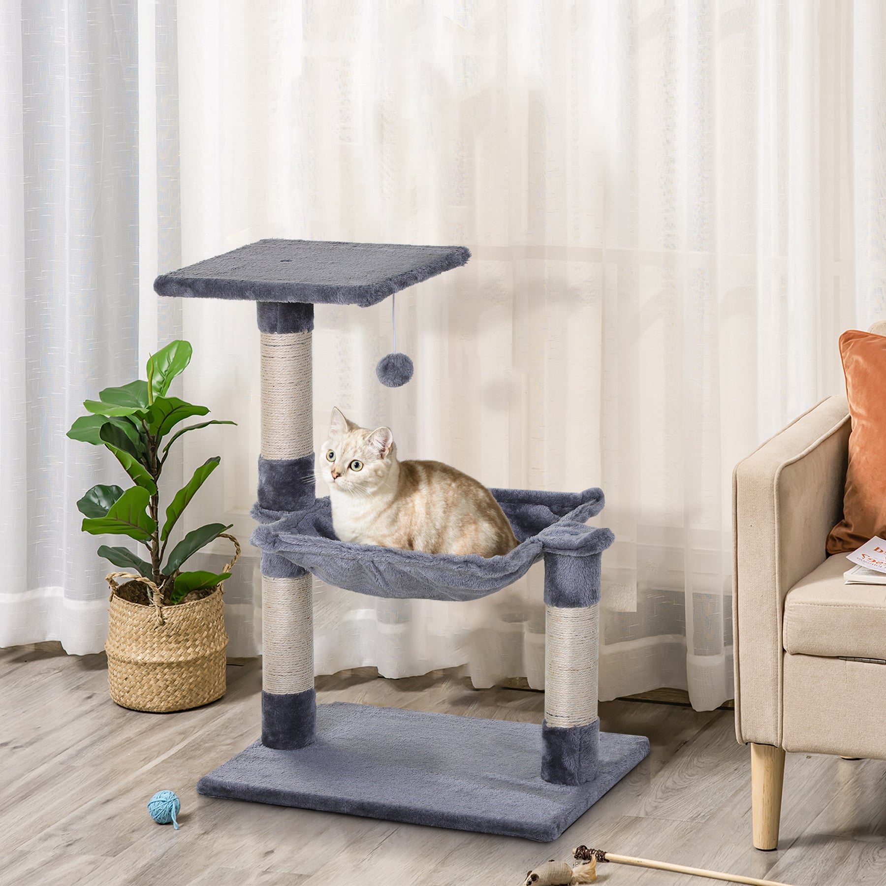 Cat Scratching Post, 2-Tier with Sisal Rope and Dangle Toy, Interactive, Beige
