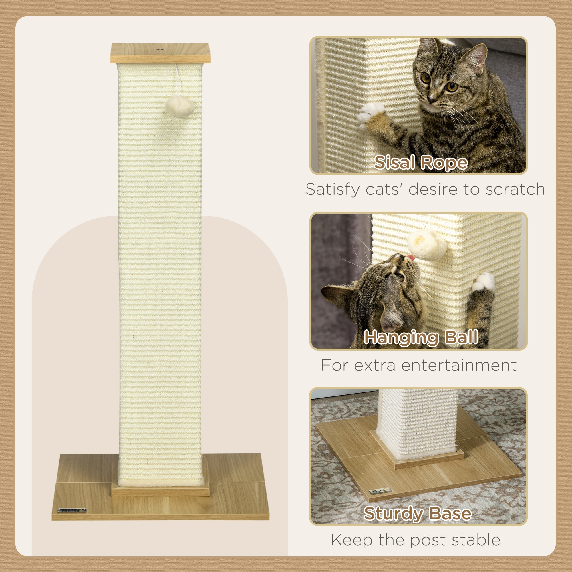 Tall Cat Scratching Post, 80cm Sisal Rope Climbing Tree with Play Ball, Durable Pet Activity Centre