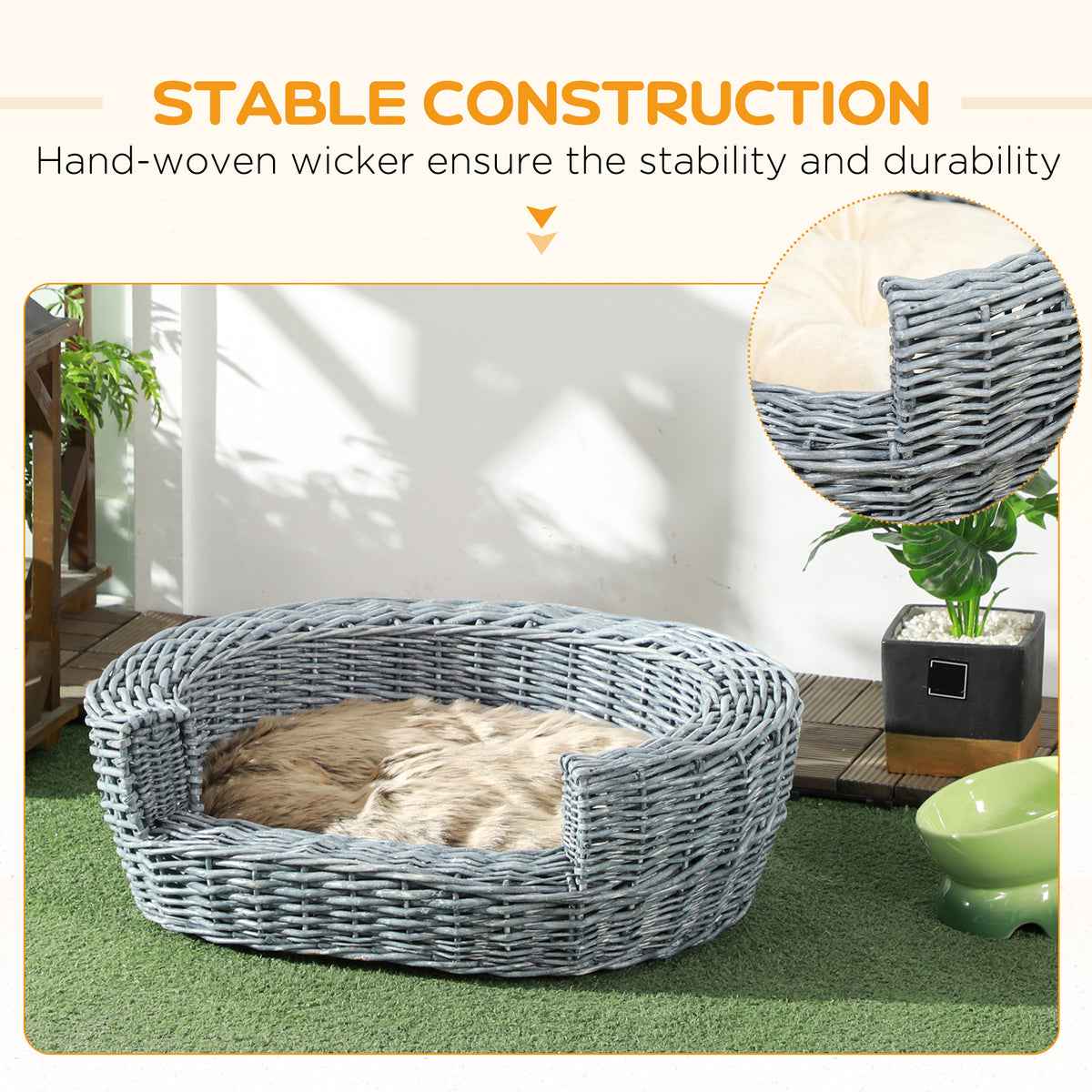 PawHut Wicker Pet Bed Willow Dog Cat Sofa Puppy Basket with Cushion Grey 57L x 46W x 17.5H cm PawHut