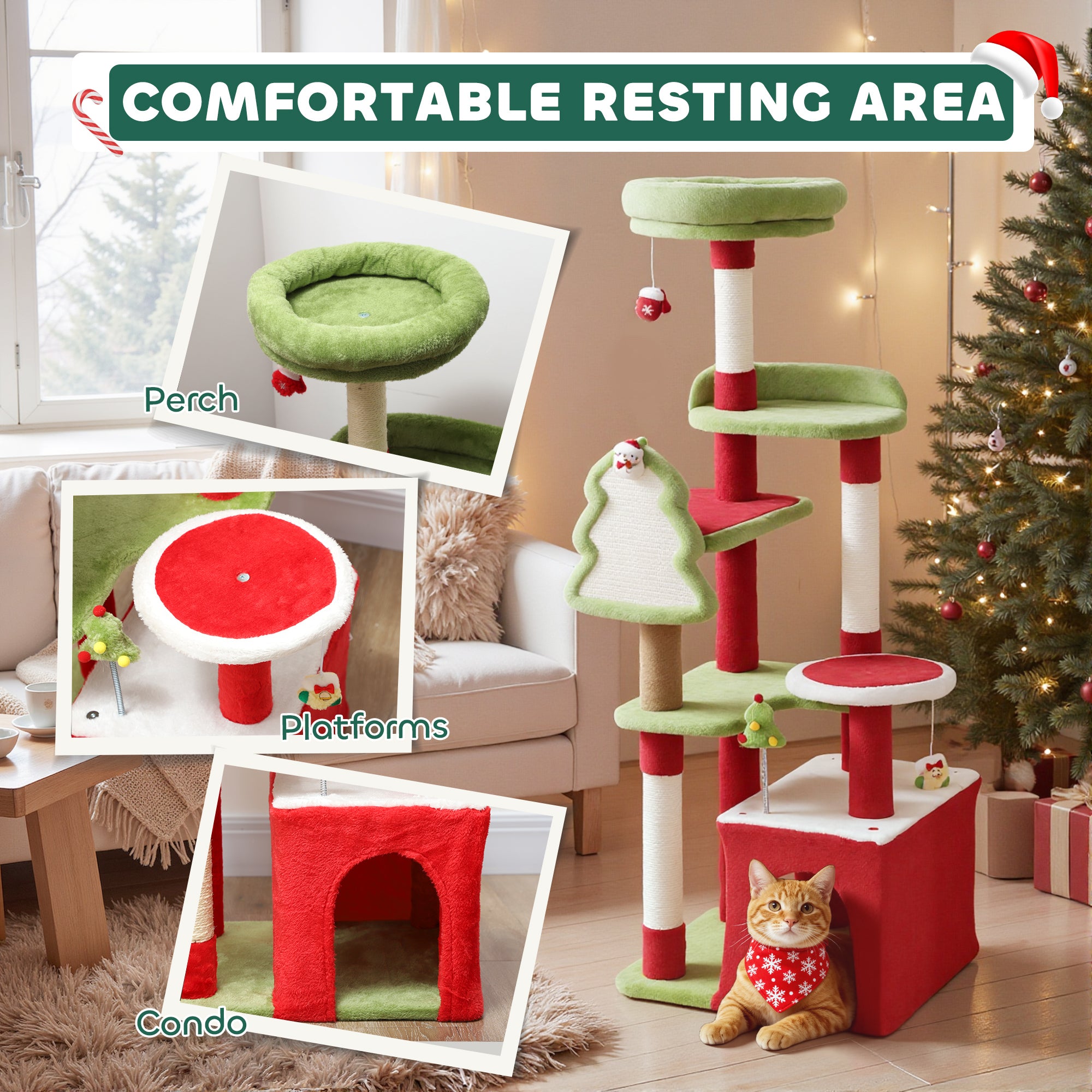 Cat Tree, Christmas Cat Tower with 3 Scratching Posts, Scratching Board, 2 Perches, Platforms, Toys, Green