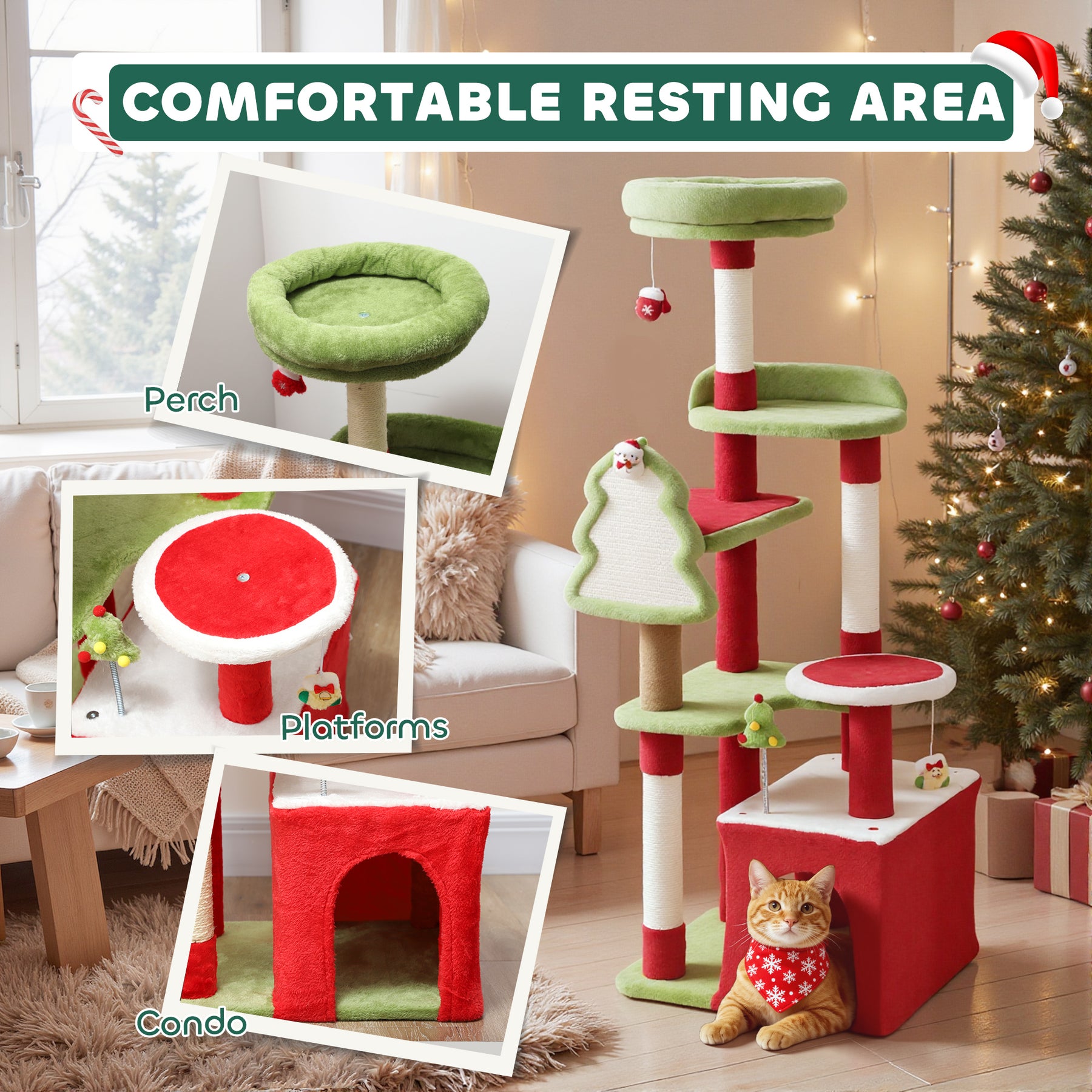 Cat Tree, Christmas Cat Tower with 3 Scratching Posts, Scratching Board, 2 Perches, Platforms, Toys, Green