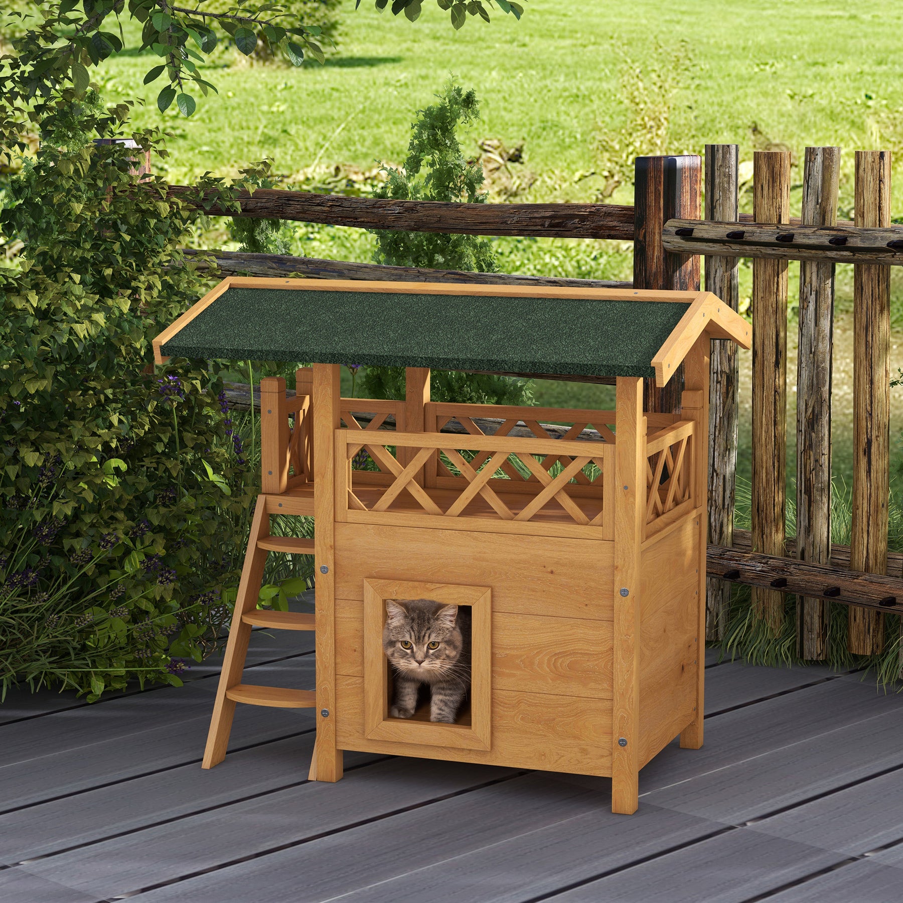 Cat House Outdoor w/ Balcony Stairs Roof, Natural