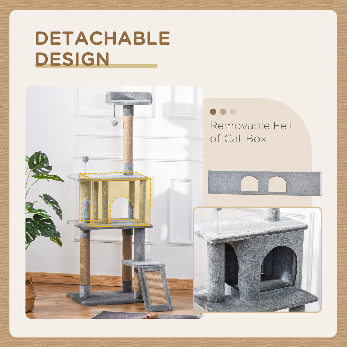 PawHut 142cm Cat Tree with Jute Scratching Posts, Platform & Hanging Toy – Grey Cat Trees & Towers PawHut